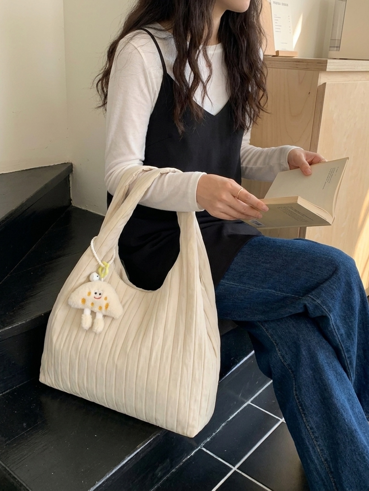 Beige Texture Shoulder Bag 