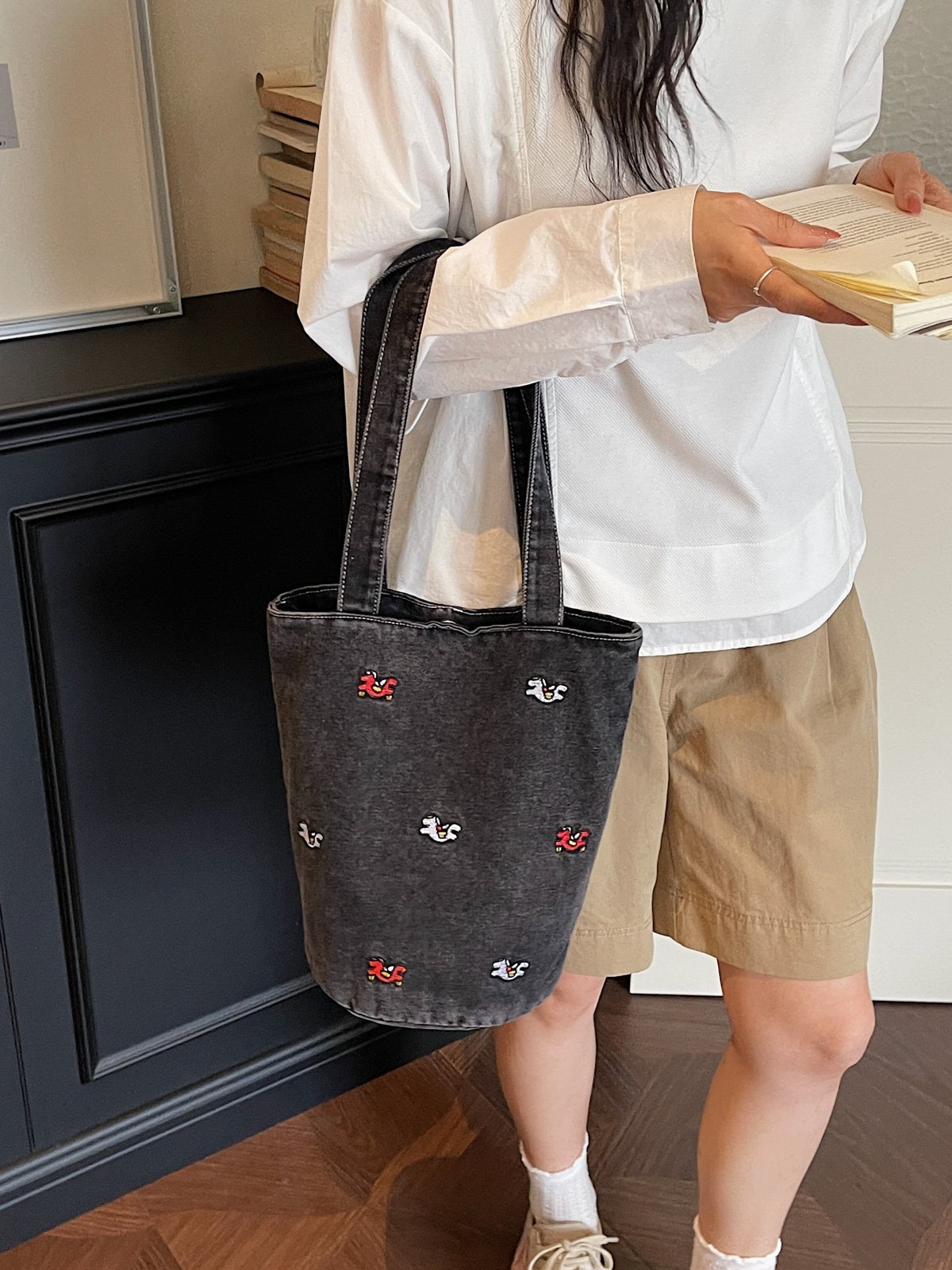 Black Embroidered Shoulder Bag with Button