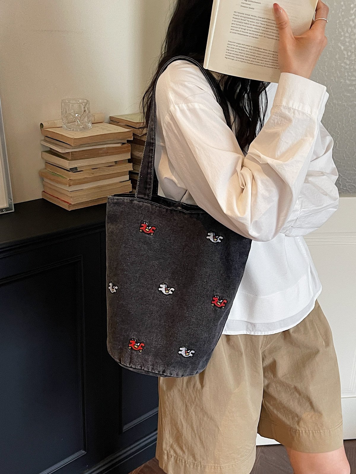 Black Embroidered Shoulder Bag with Button