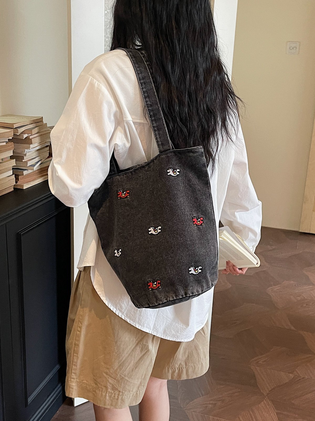 Black Embroidered Shoulder Bag with Button