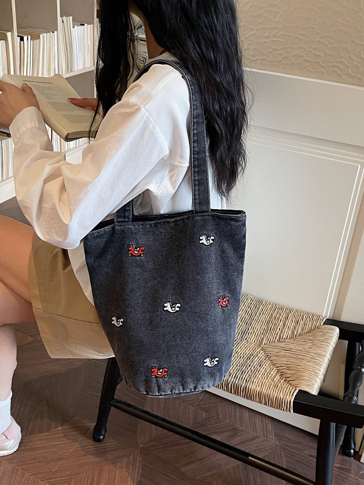 Black Embroidered Shoulder Bag with Button