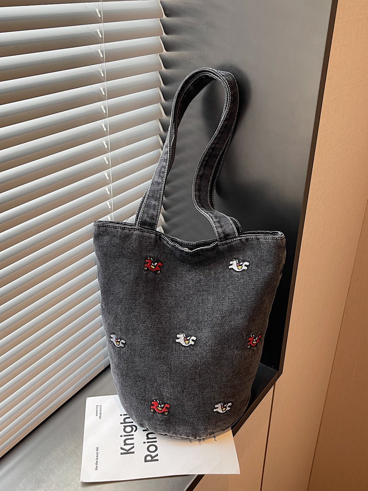 Black Embroidered Shoulder Bag with Button
