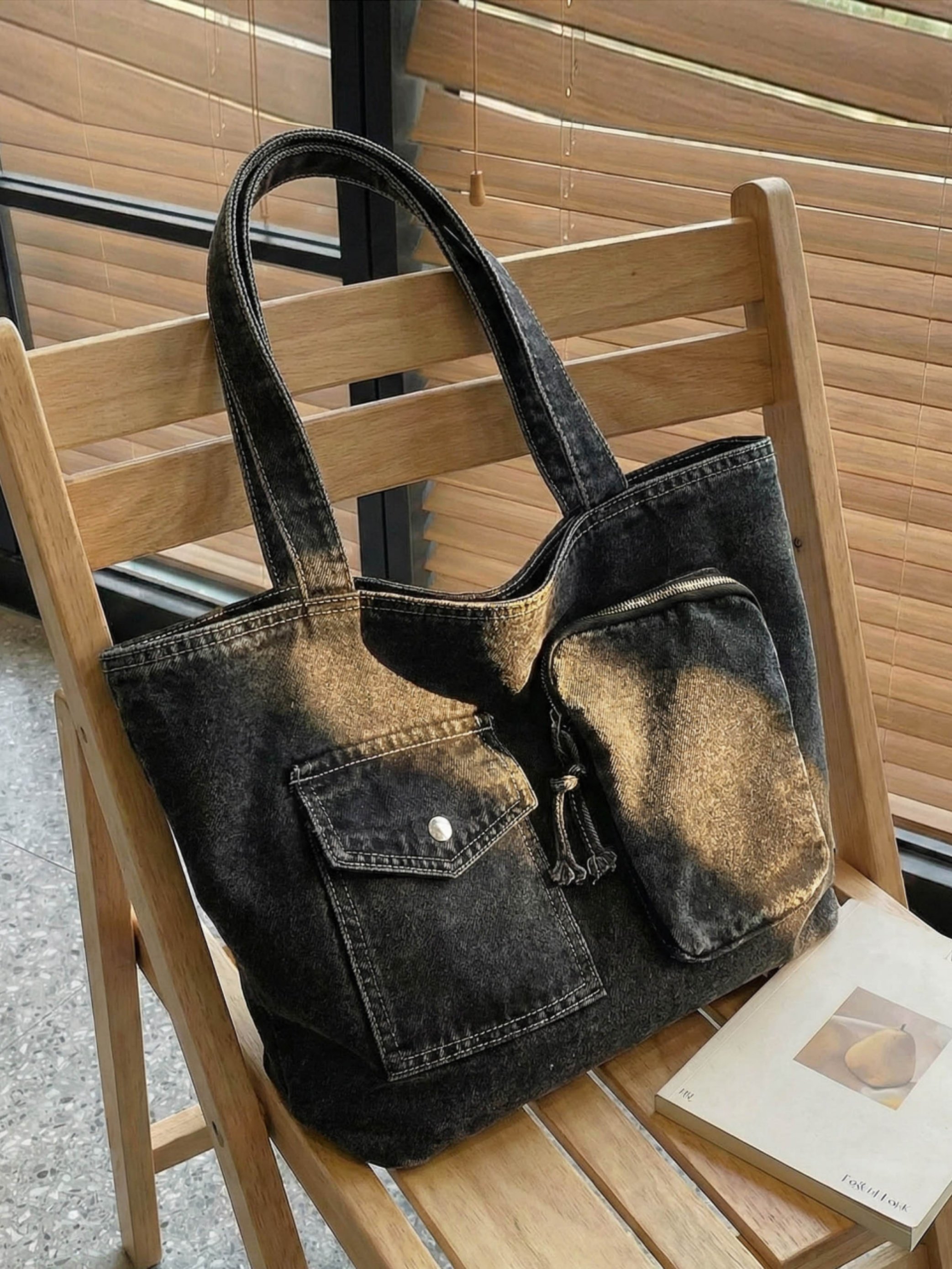 Black Acid Washed Shoulder Bag with Zip
