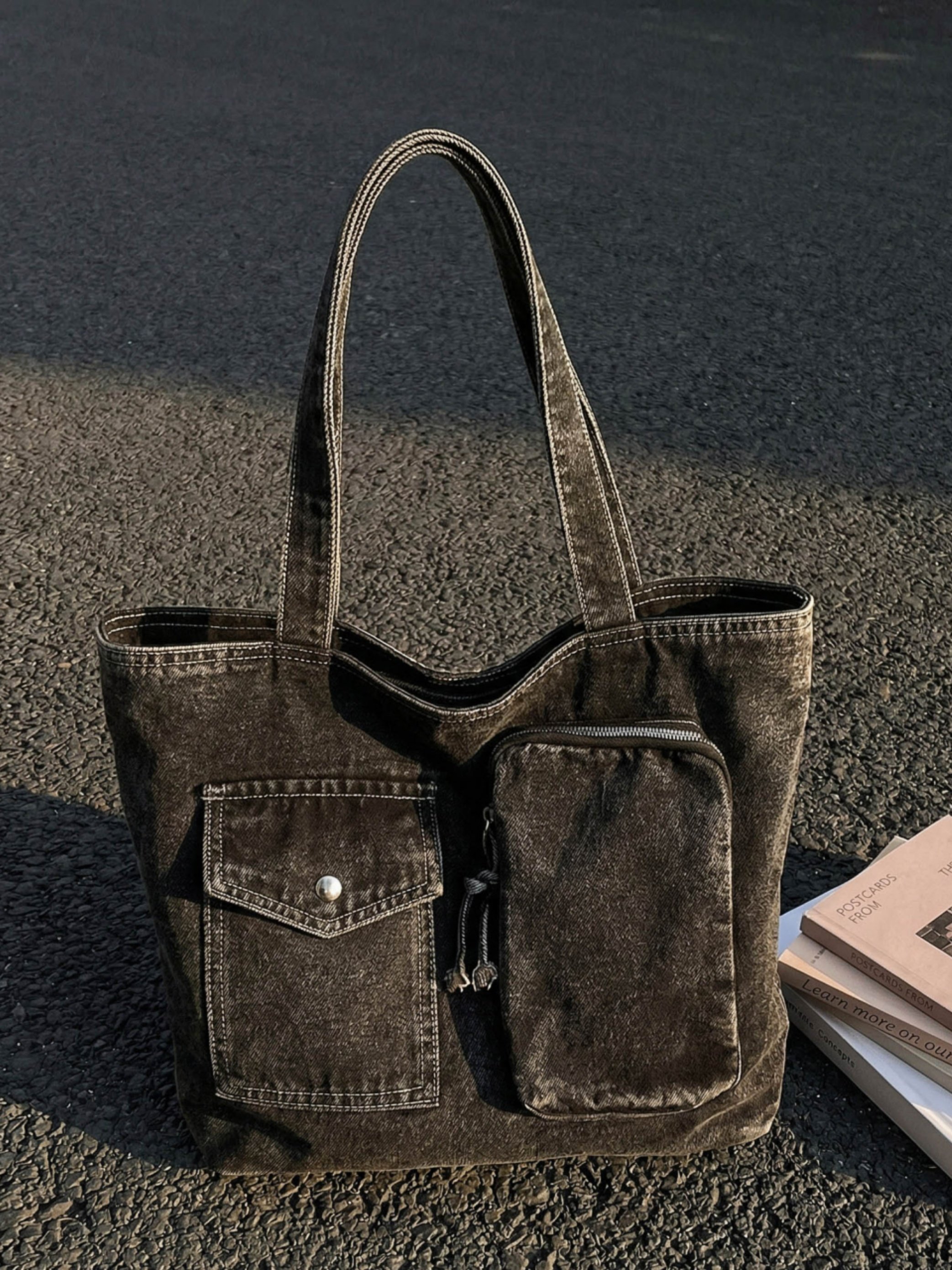 Black Acid Washed Shoulder Bag with Zip