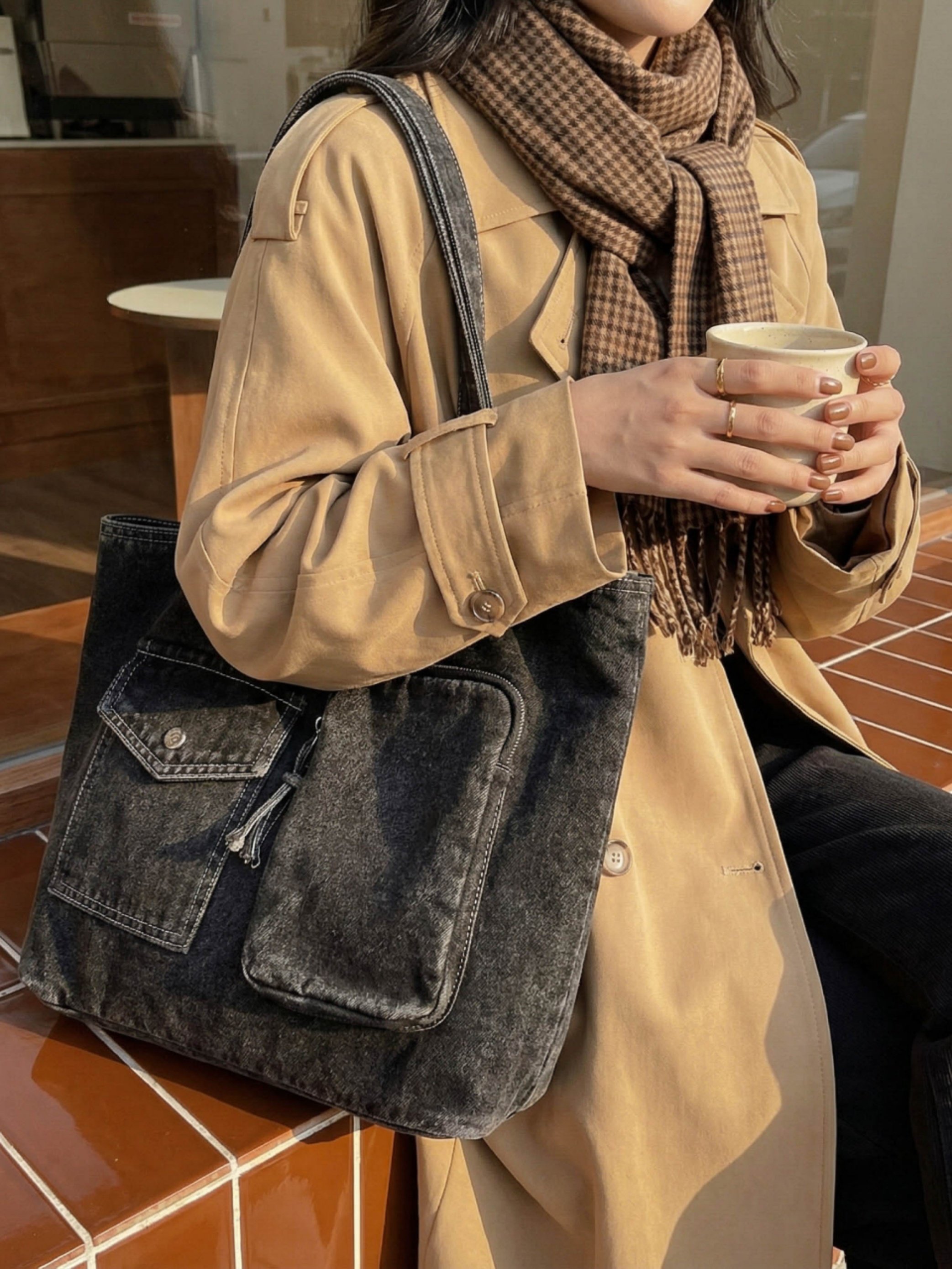 Black Acid Washed Shoulder Bag with Zip