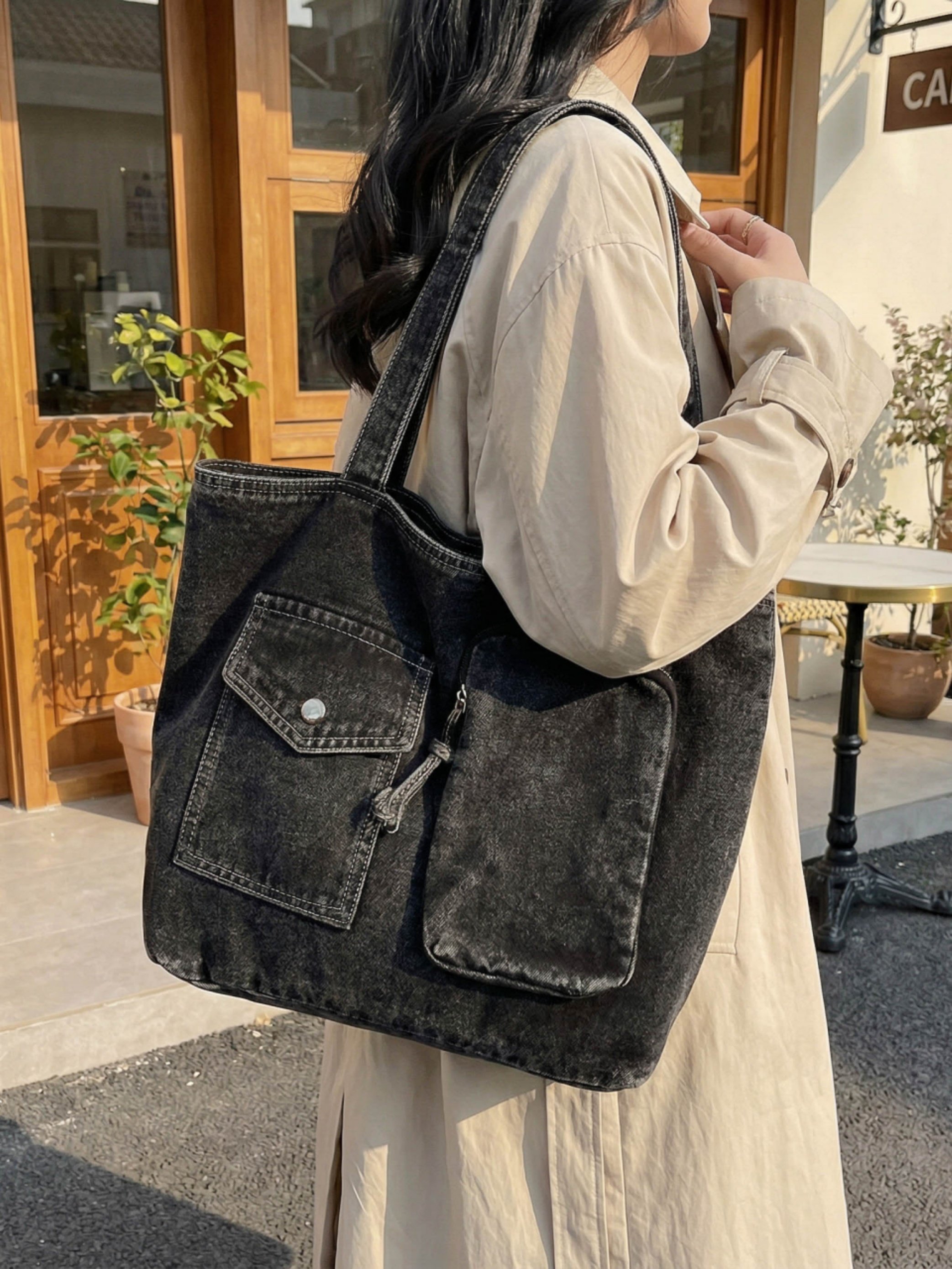 Black Acid Washed Shoulder Bag with Zip
