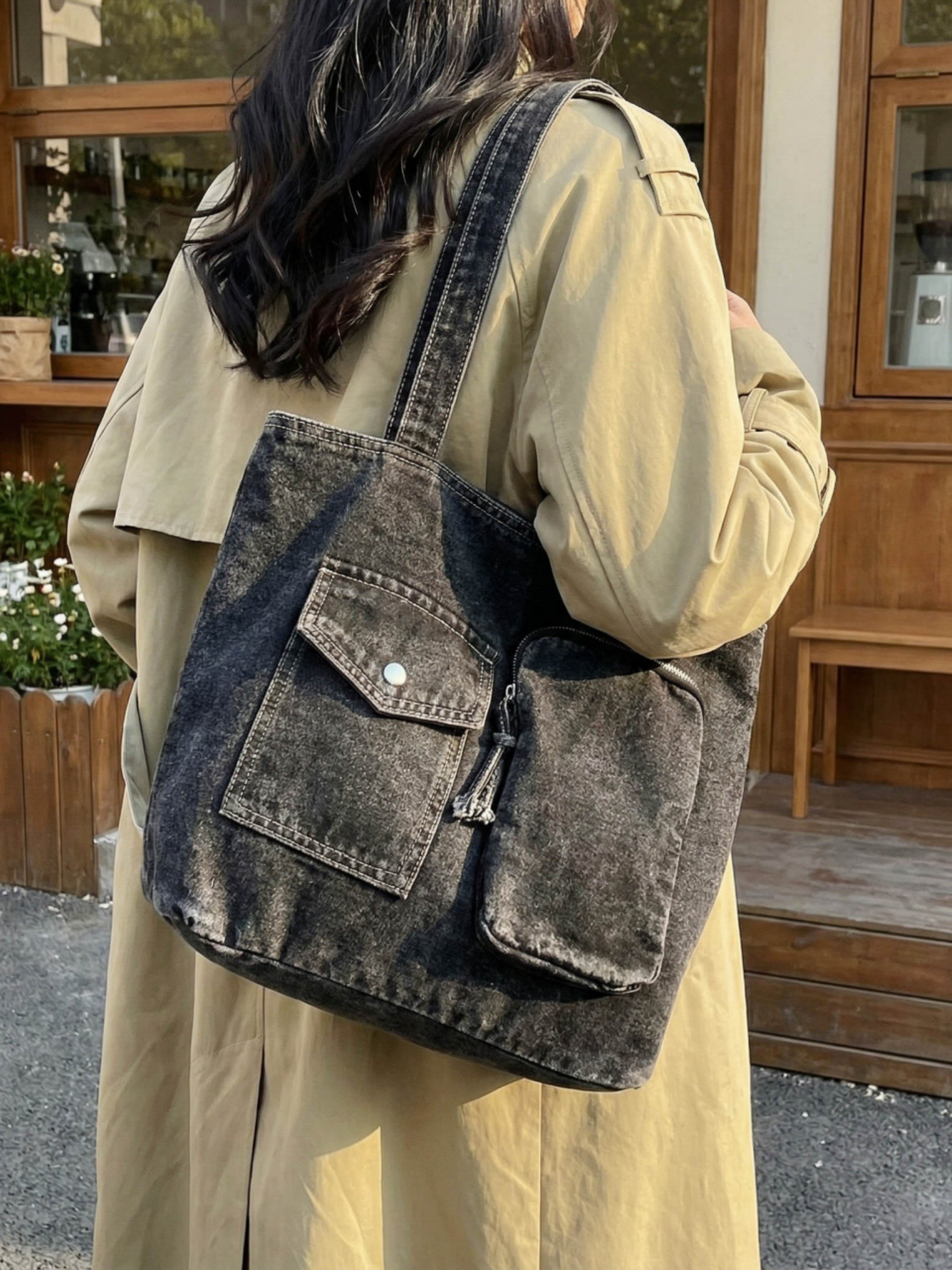 Black Acid Washed Shoulder Bag with Zip
