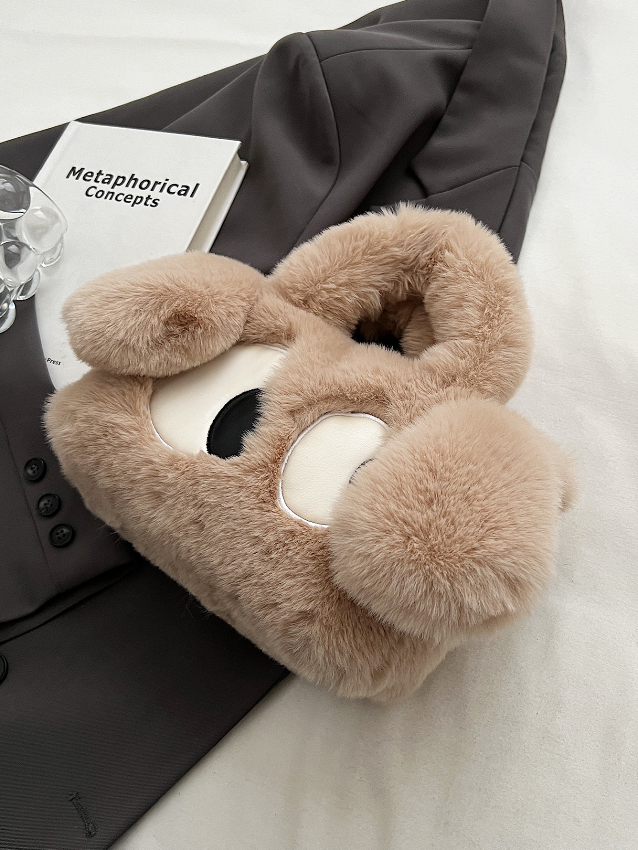 Khaki Furry Character Crossbody Bag