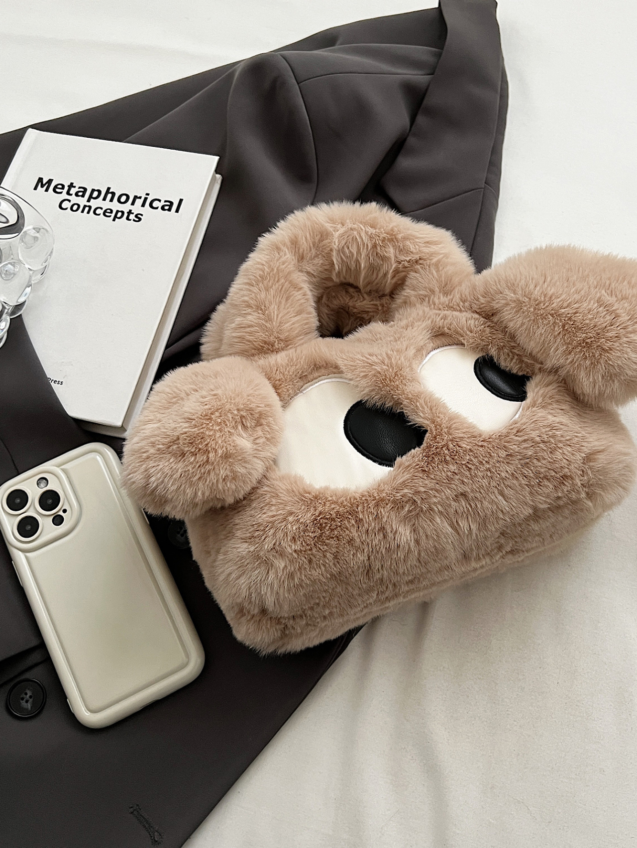Khaki Furry Character Crossbody Bag