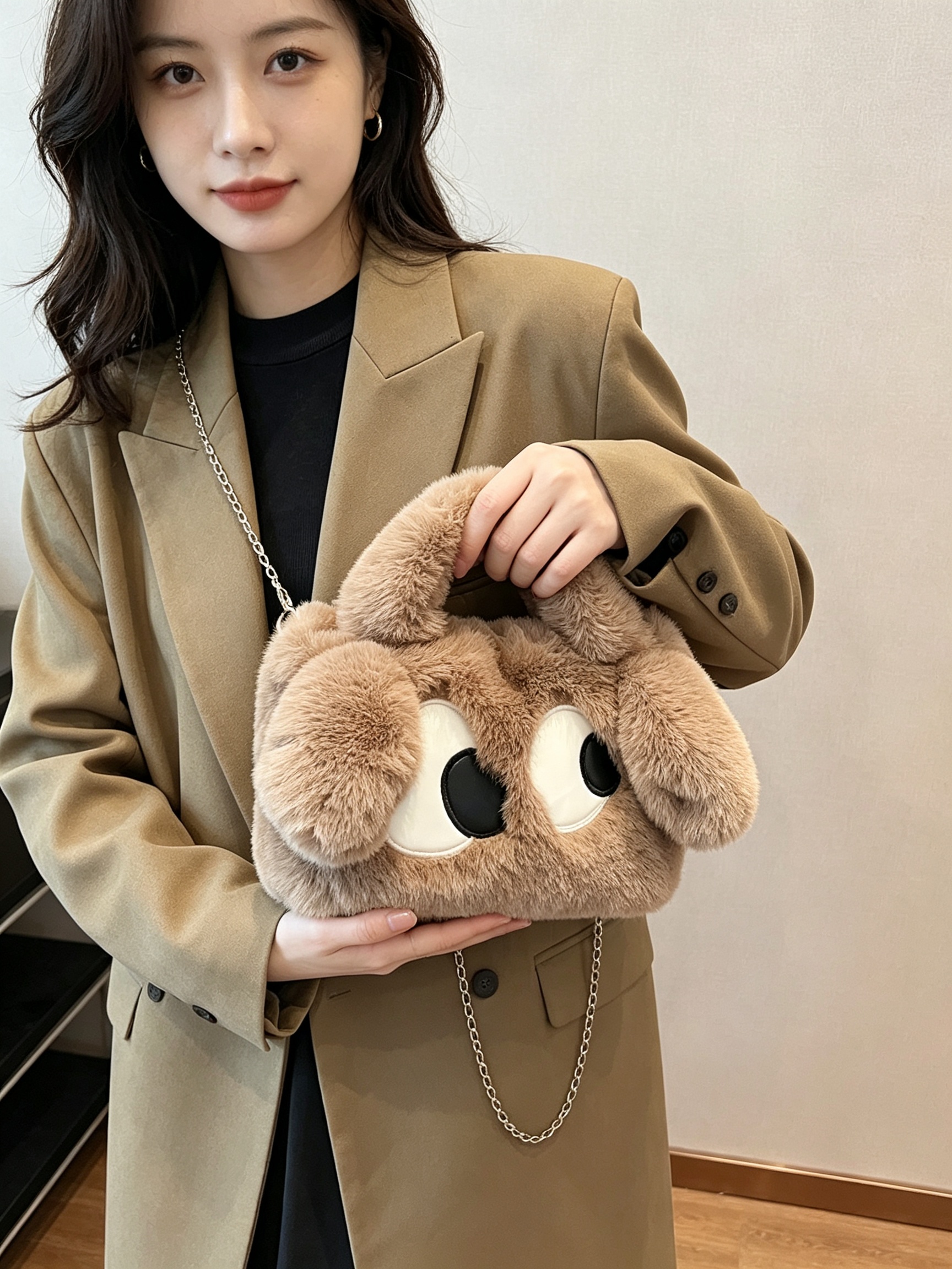 Brown Plush Cartoon Eye Crossbody Bag