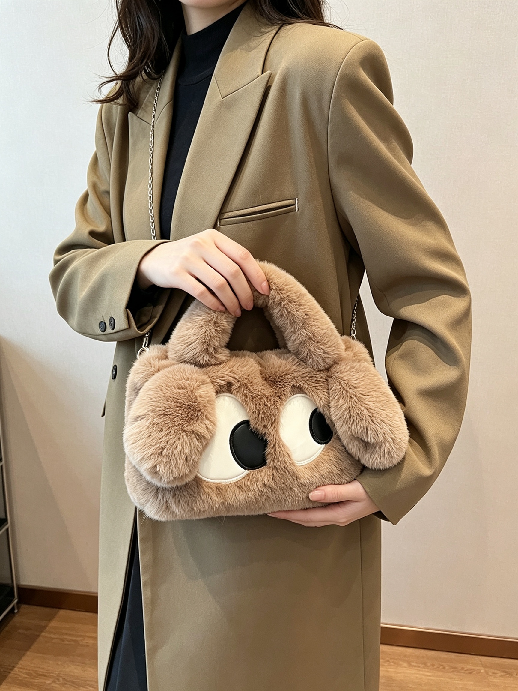 Brown Plush Cartoon Eye Crossbody Bag