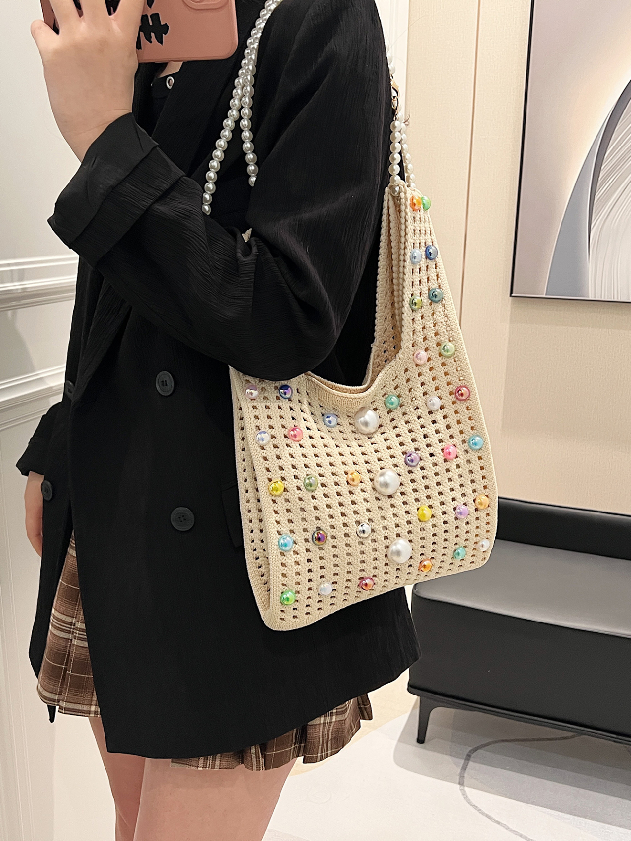 Off White Texture Shoulder Bag 