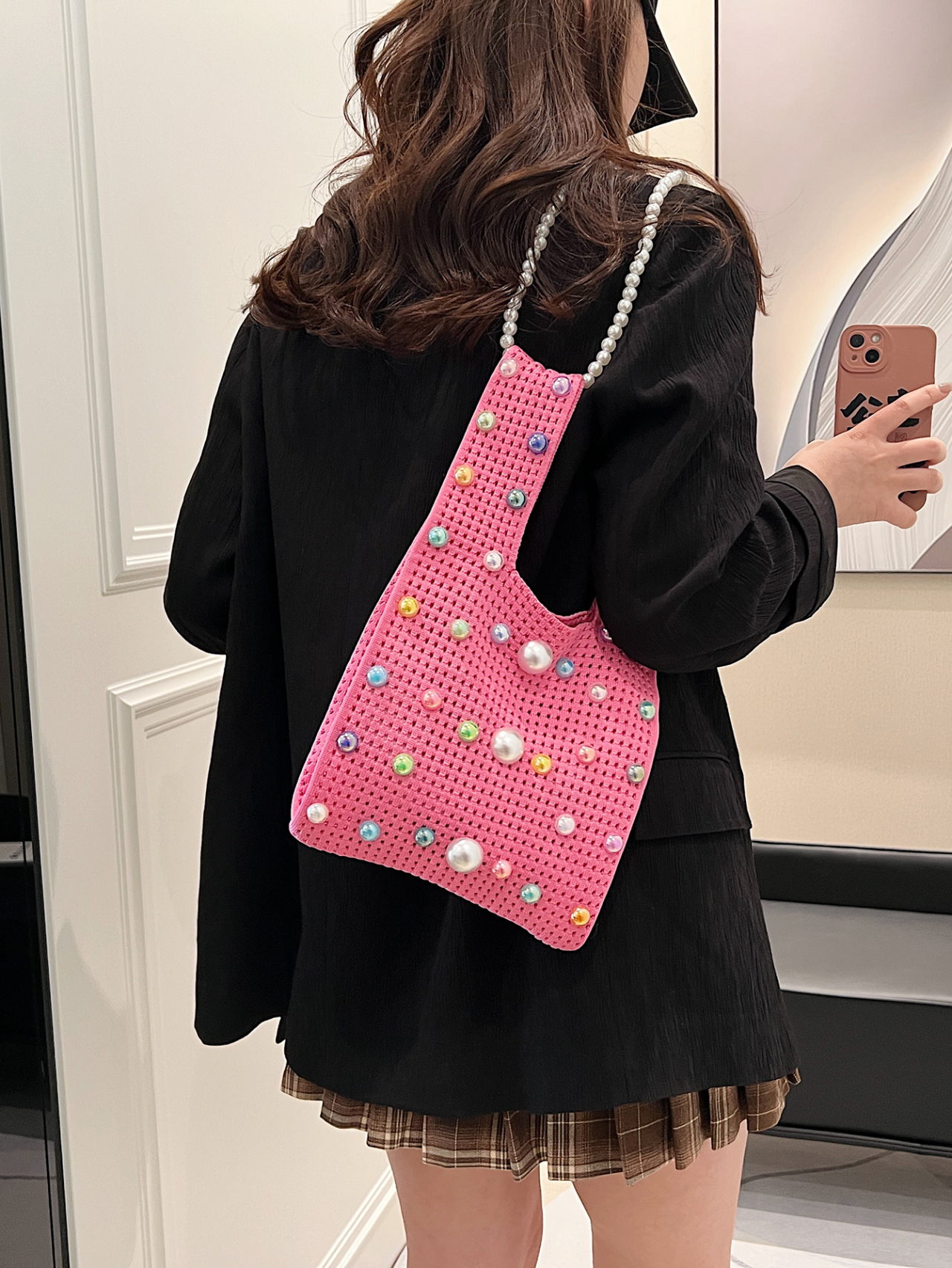 Pink Embroidered Shoulder Bag 