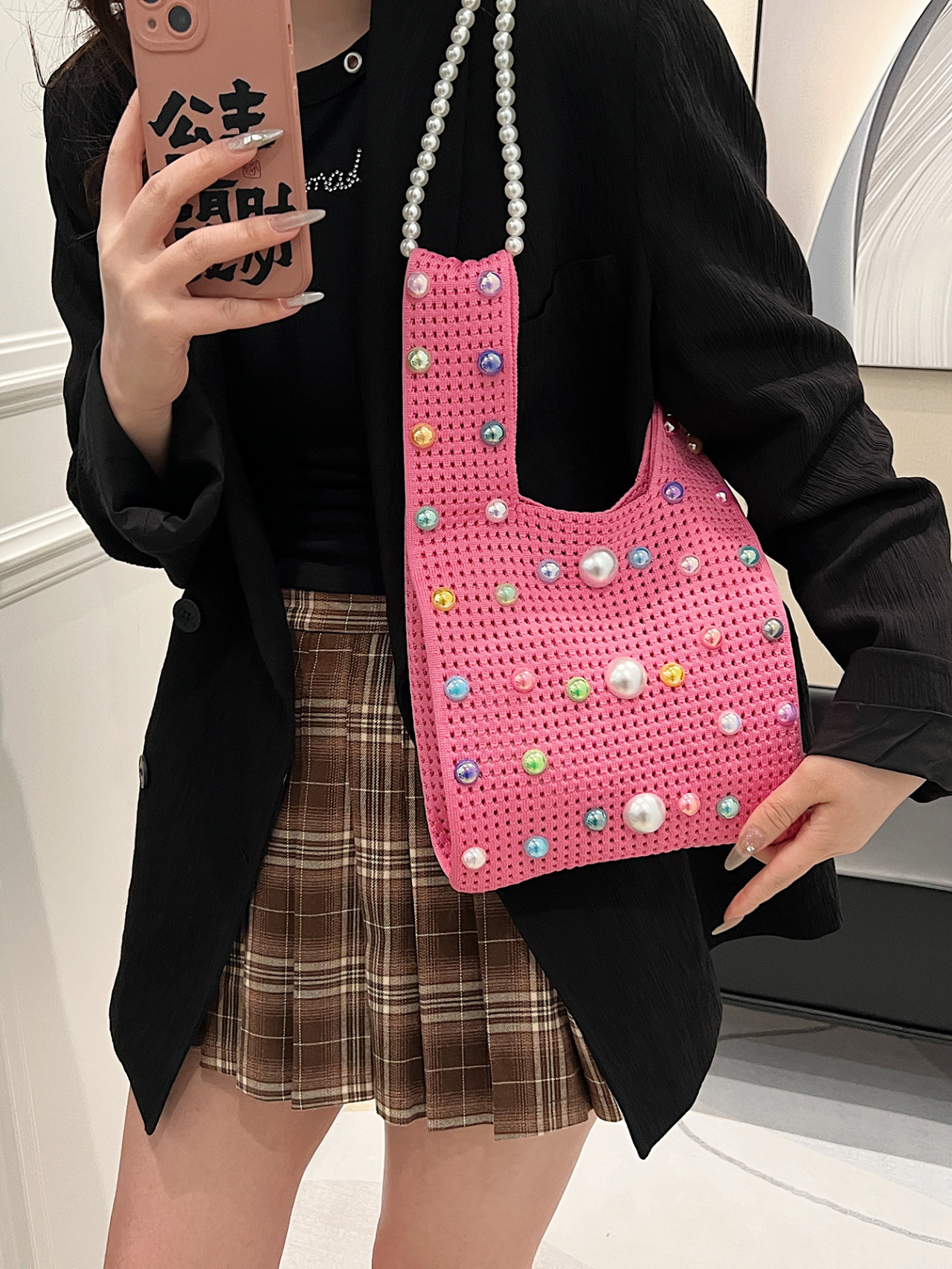 Pink Embroidered Shoulder Bag 