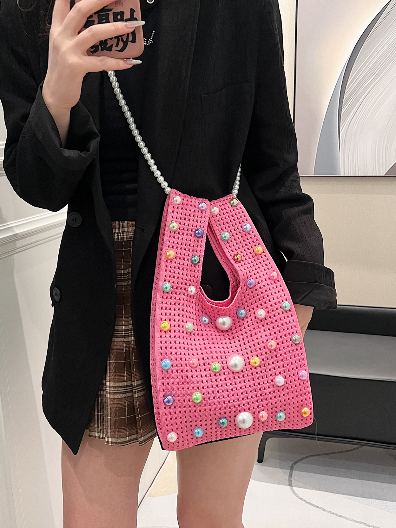Pink Embroidered Shoulder Bag 