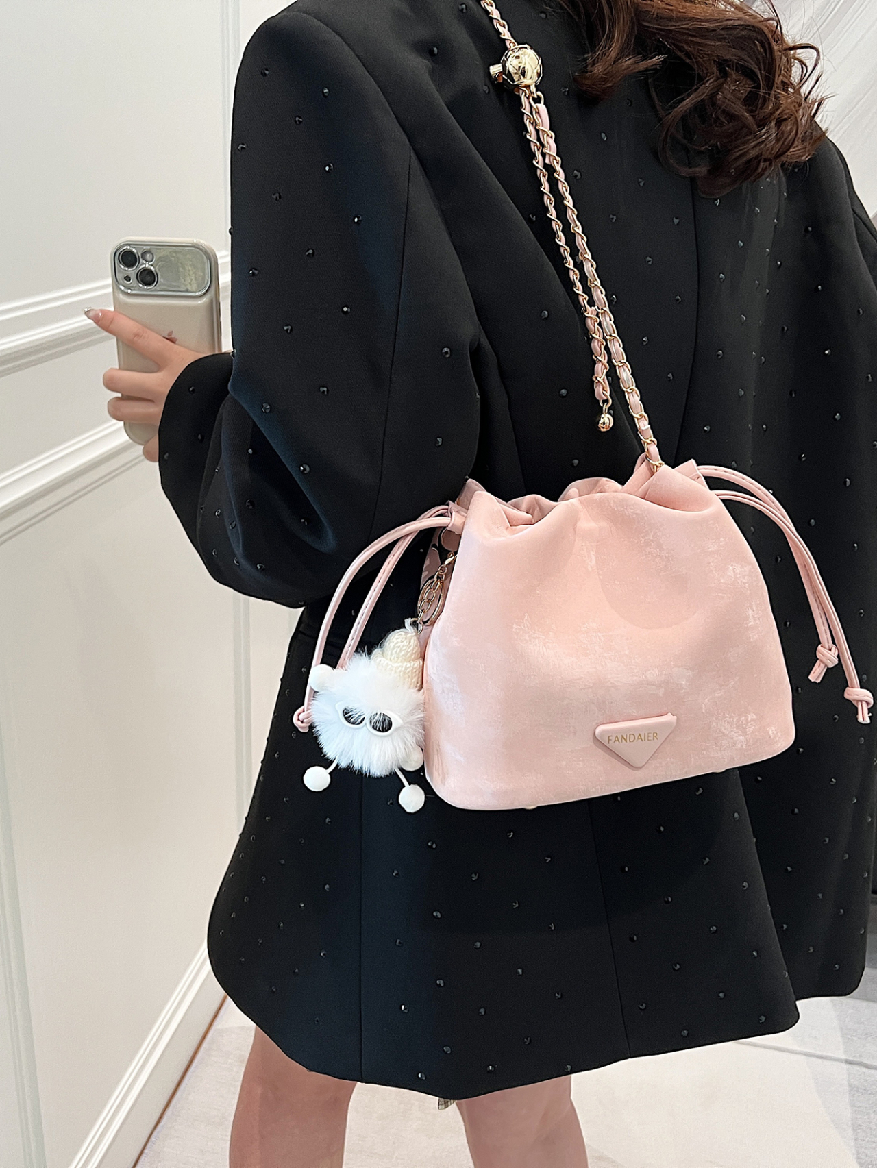 Pink Drawstring Crossbody Bag with Chain Strap