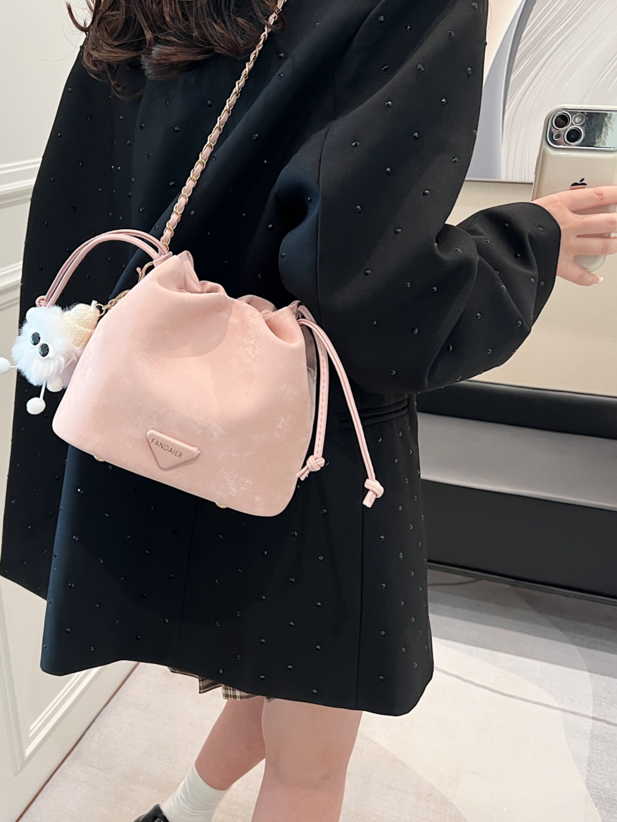Pink Drawstring Crossbody Bag with Chain Strap