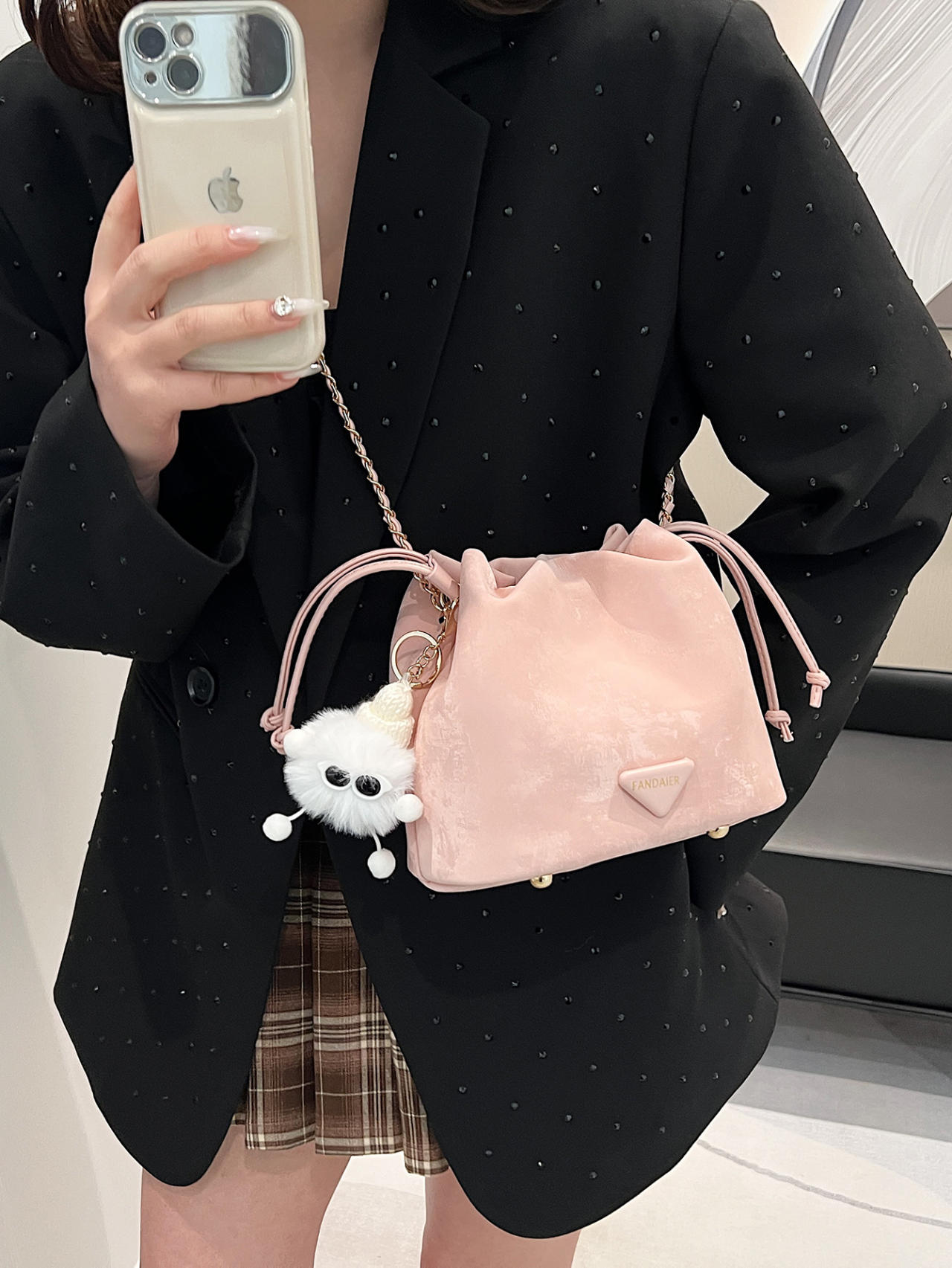 Pink Drawstring Crossbody Bag with Chain Strap