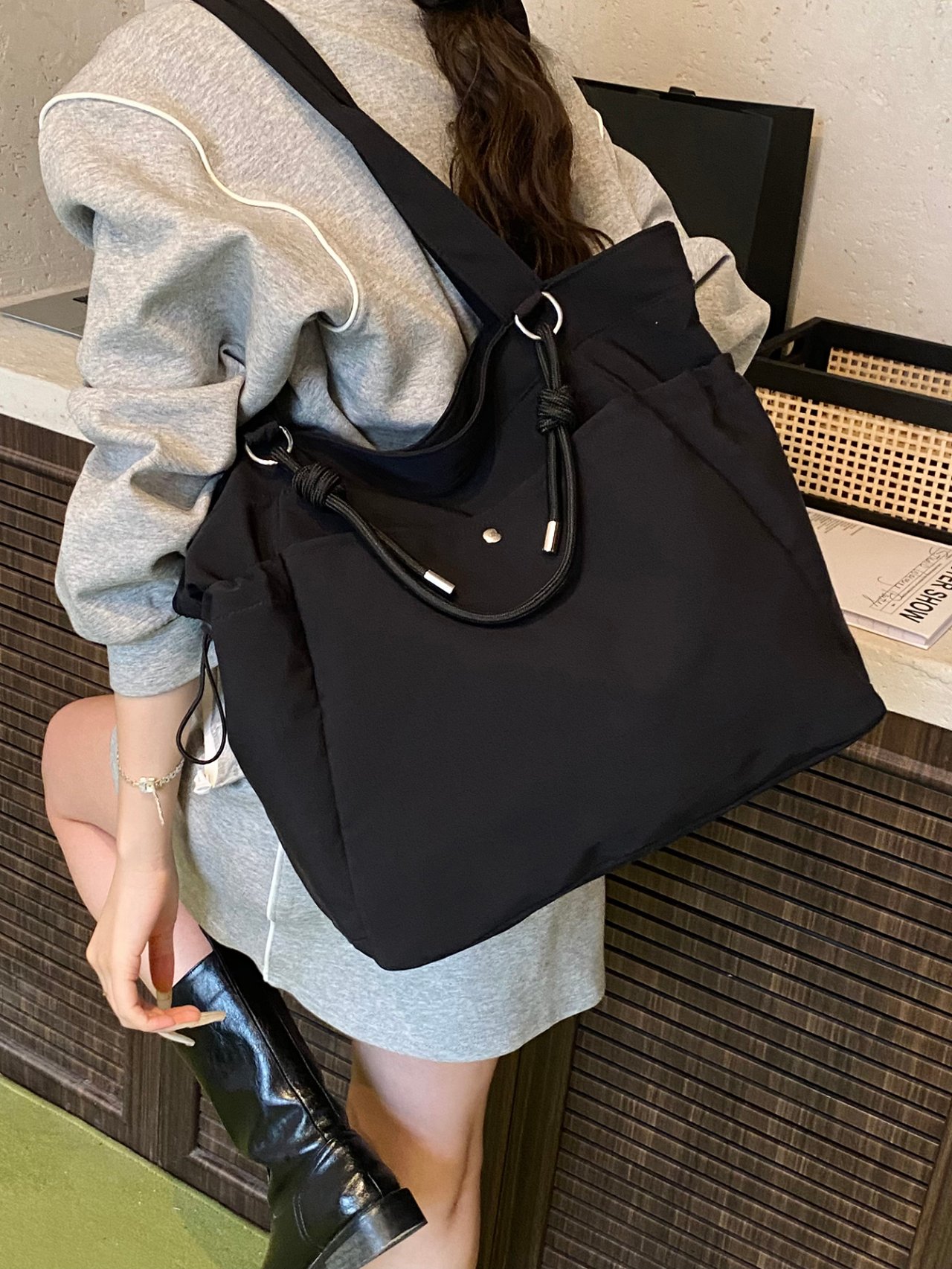 Black Solid Shoulder Bag with Drawstring