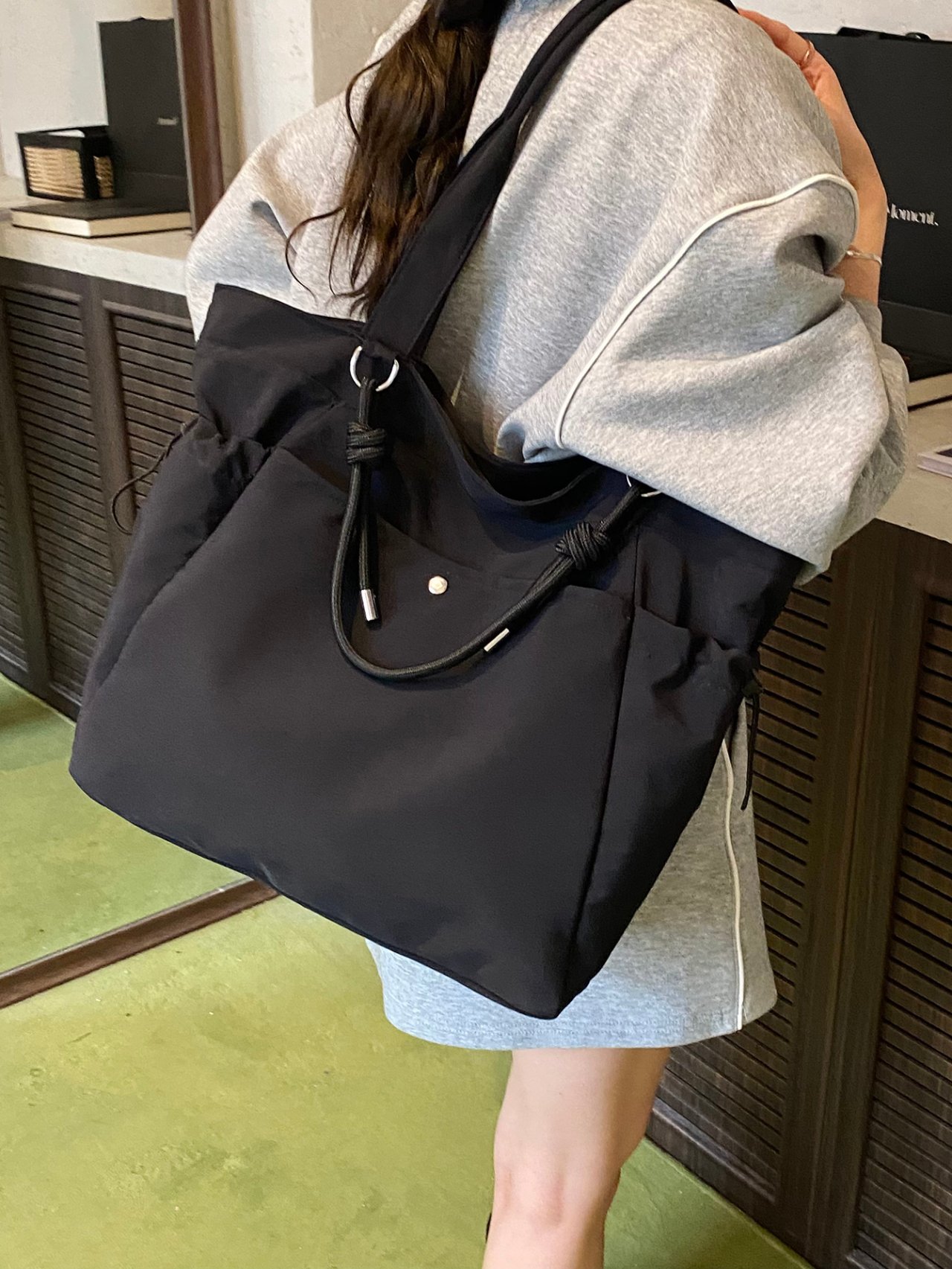 Black Solid Shoulder Bag with Drawstring