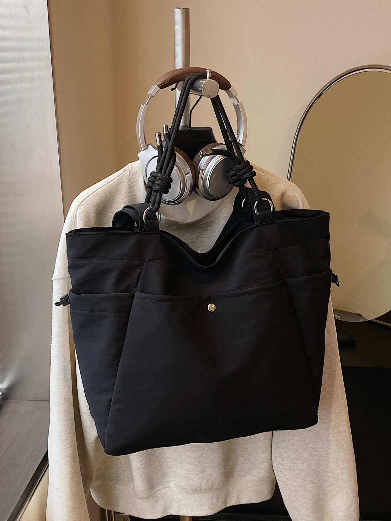 Black Solid Shoulder Bag with Drawstring