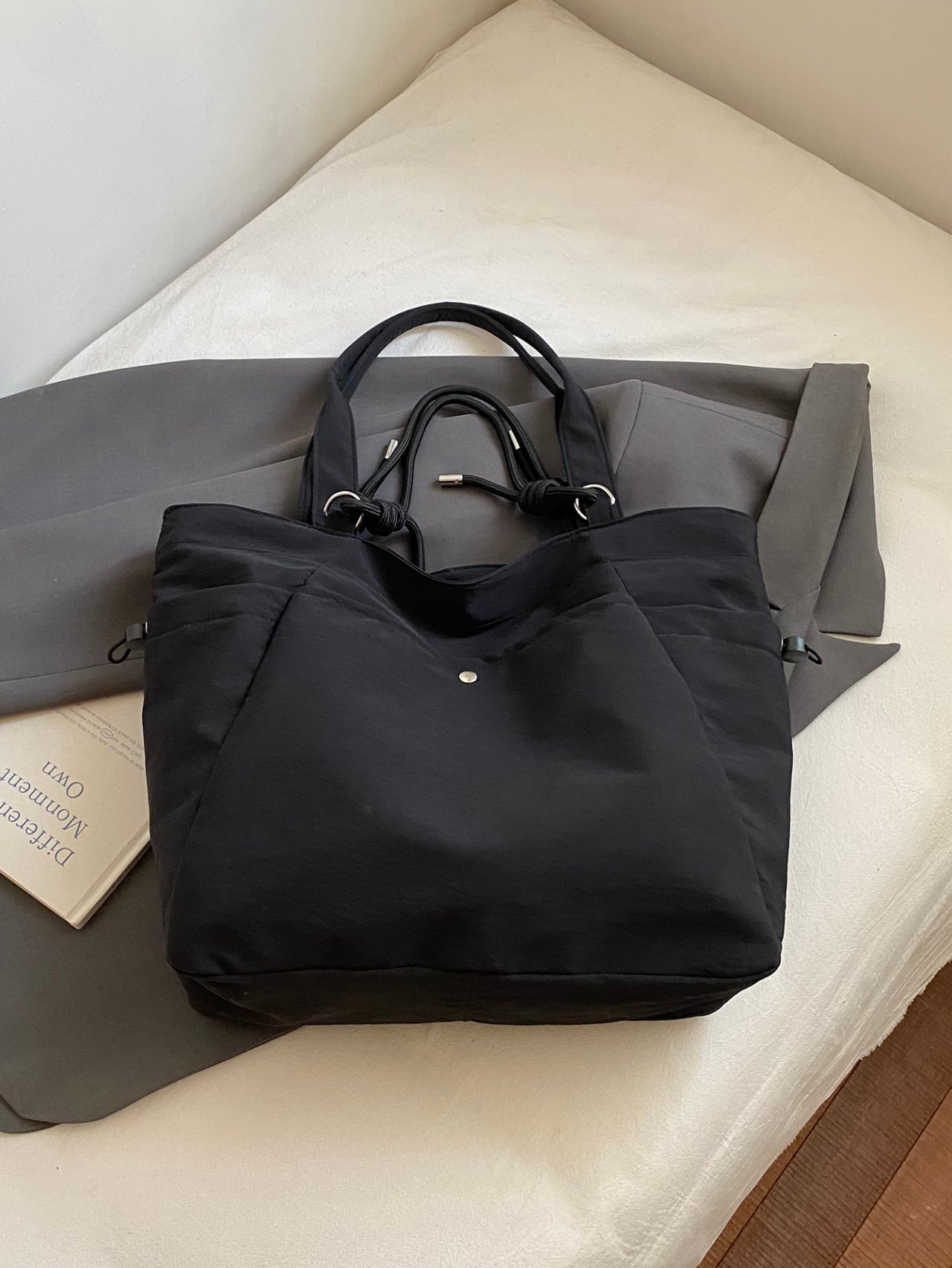 Black Solid Shoulder Bag with Drawstring
