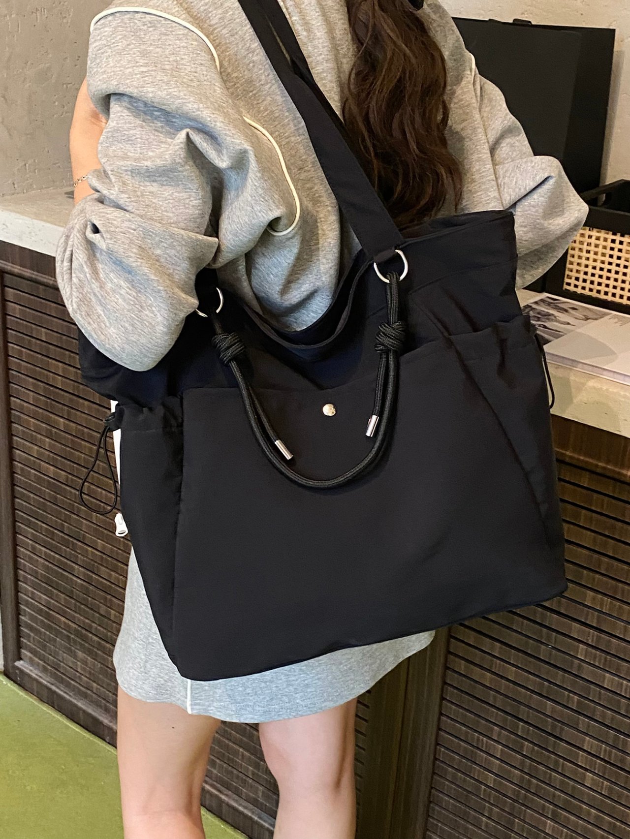 Black Solid Shoulder Bag with Drawstring