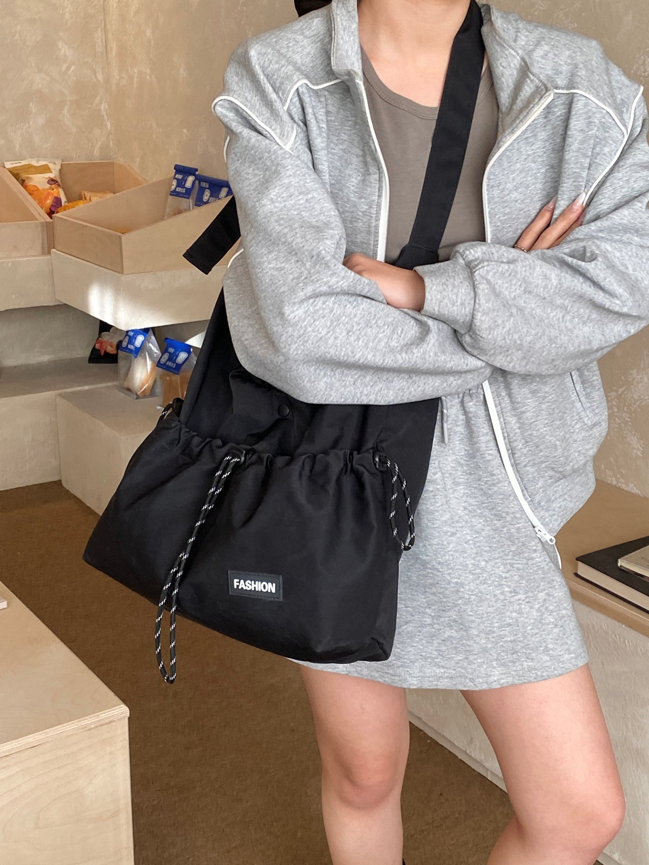 Black Drawstring Crossbody Bag