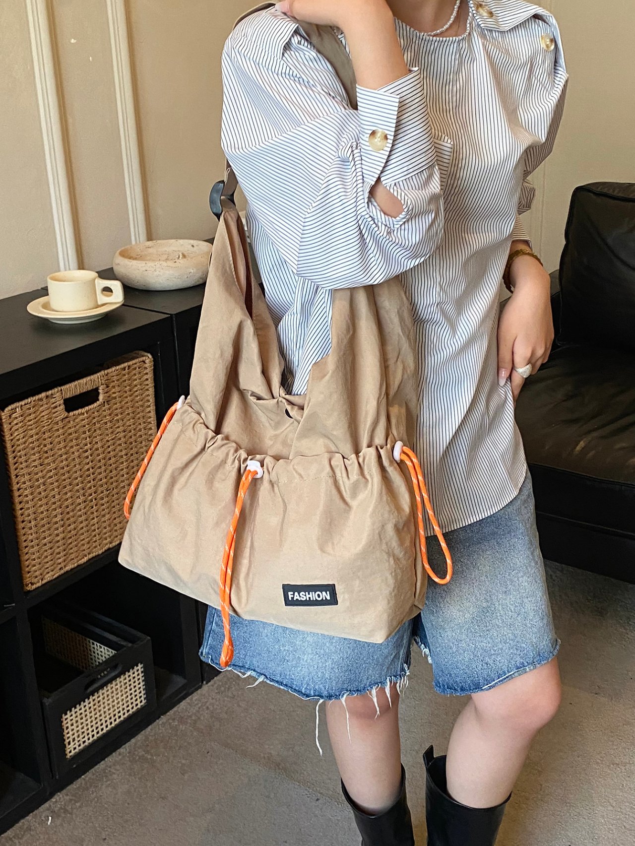 Khaki Drawstring Hobo Crossbody Bag
