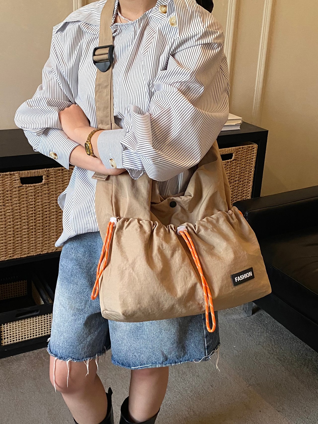 Khaki Drawstring Hobo Crossbody Bag
