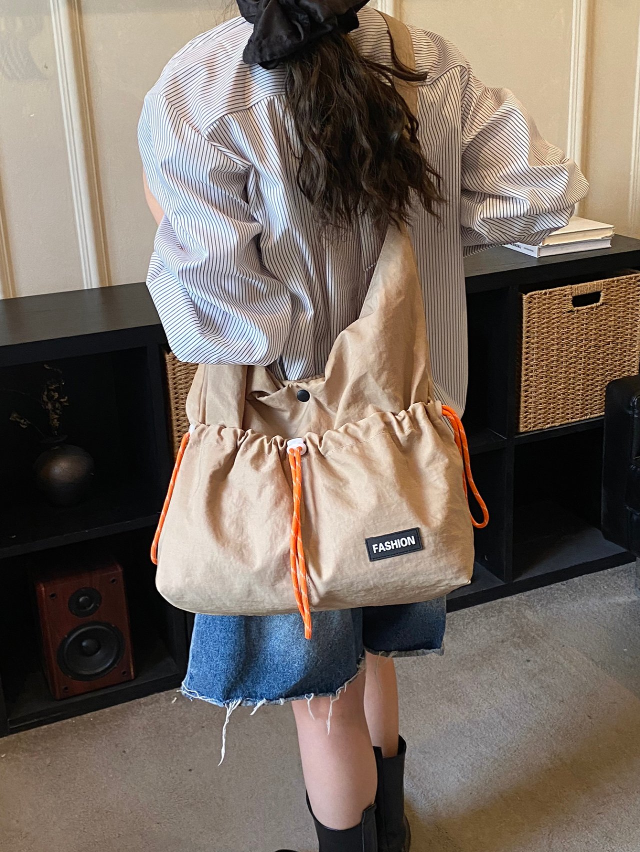 Khaki Drawstring Hobo Crossbody Bag
