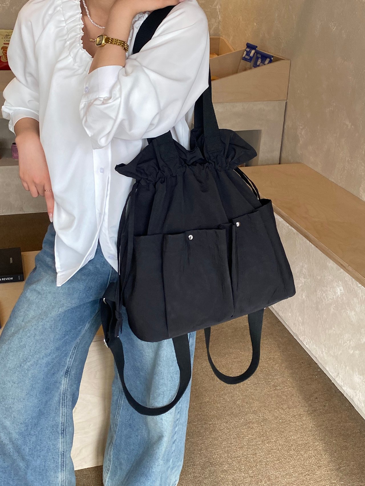 Black Solid Backpack with Drawstring
