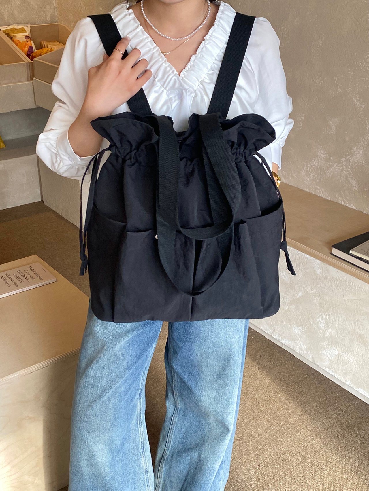 Black Solid Backpack with Drawstring