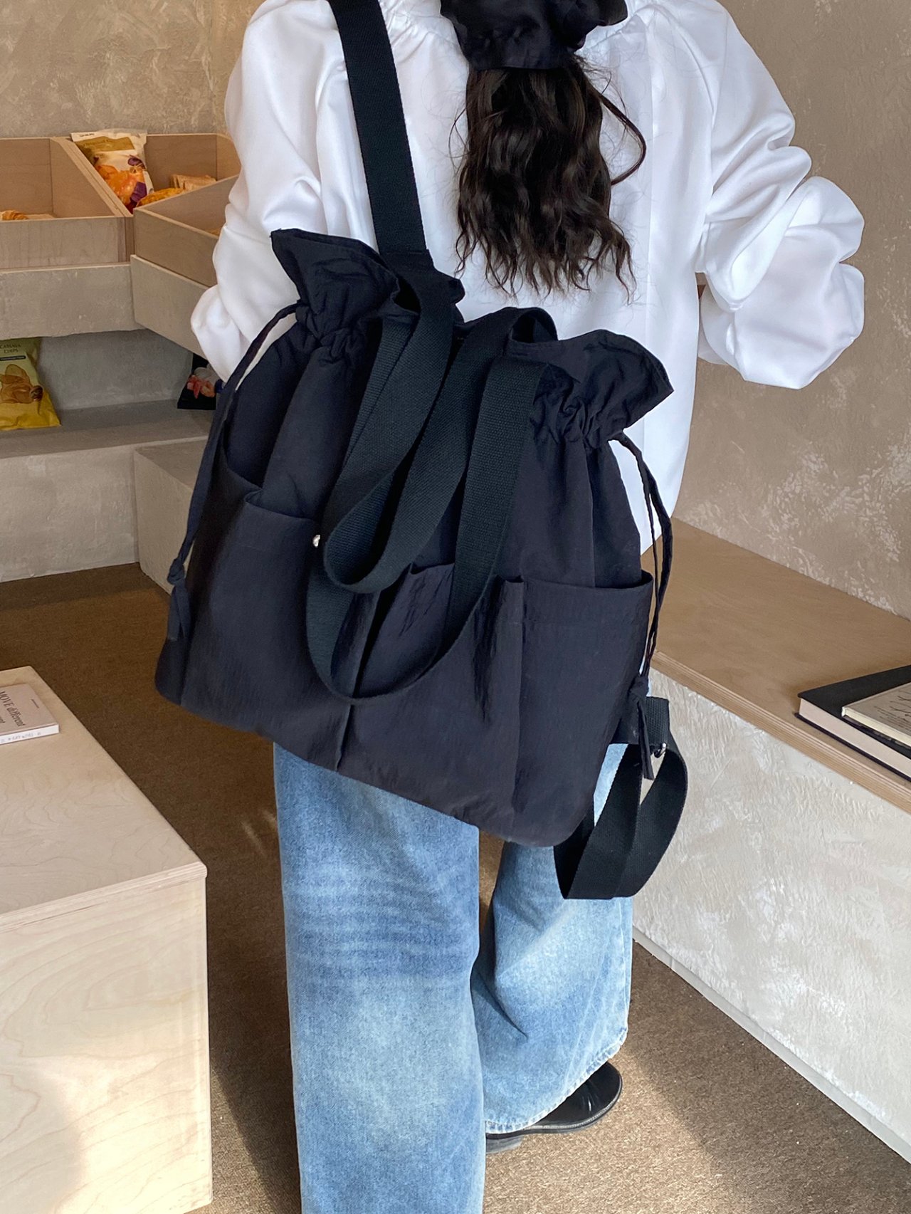 Black Solid Backpack with Drawstring