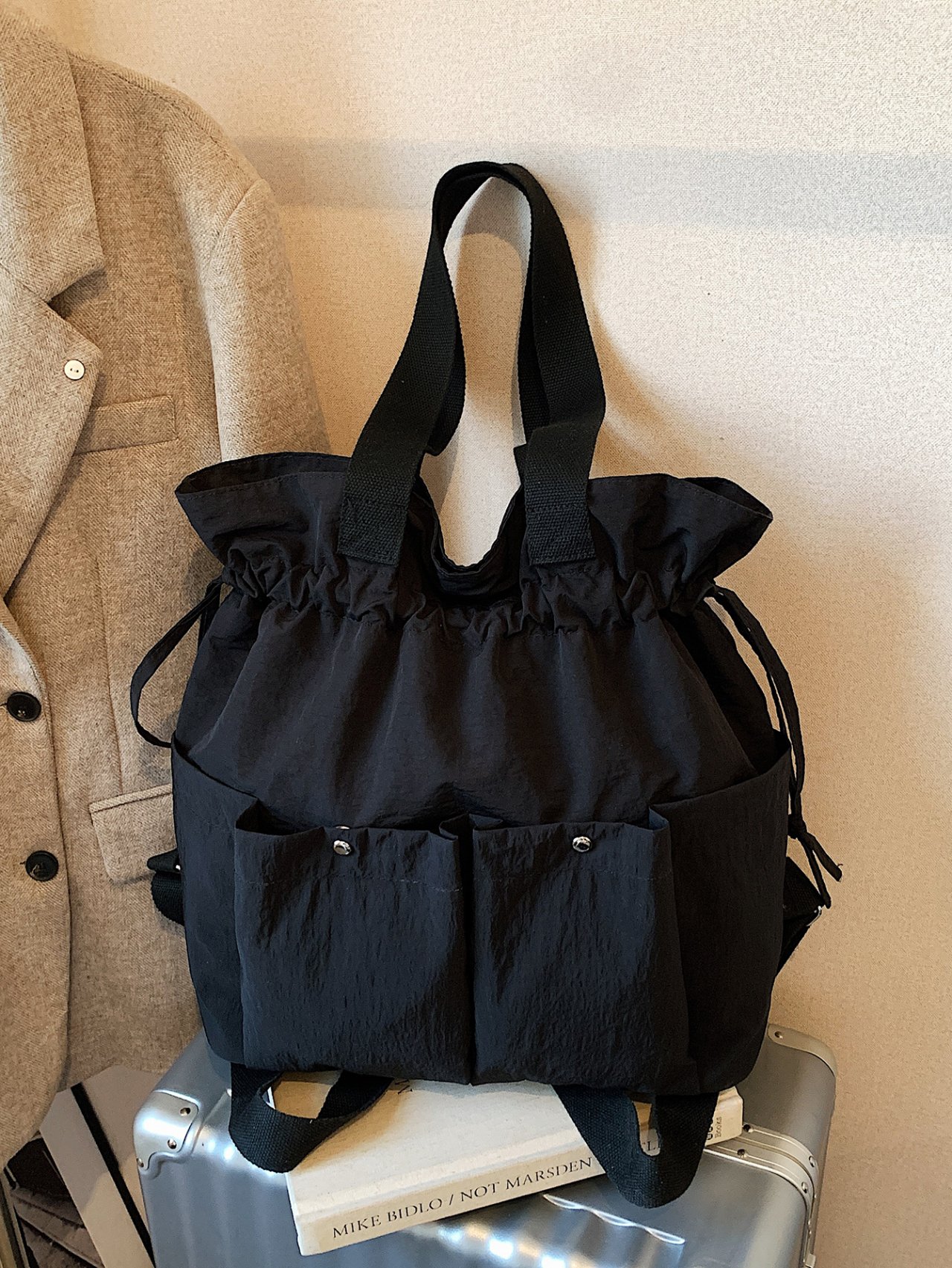 Black Solid Backpack with Drawstring