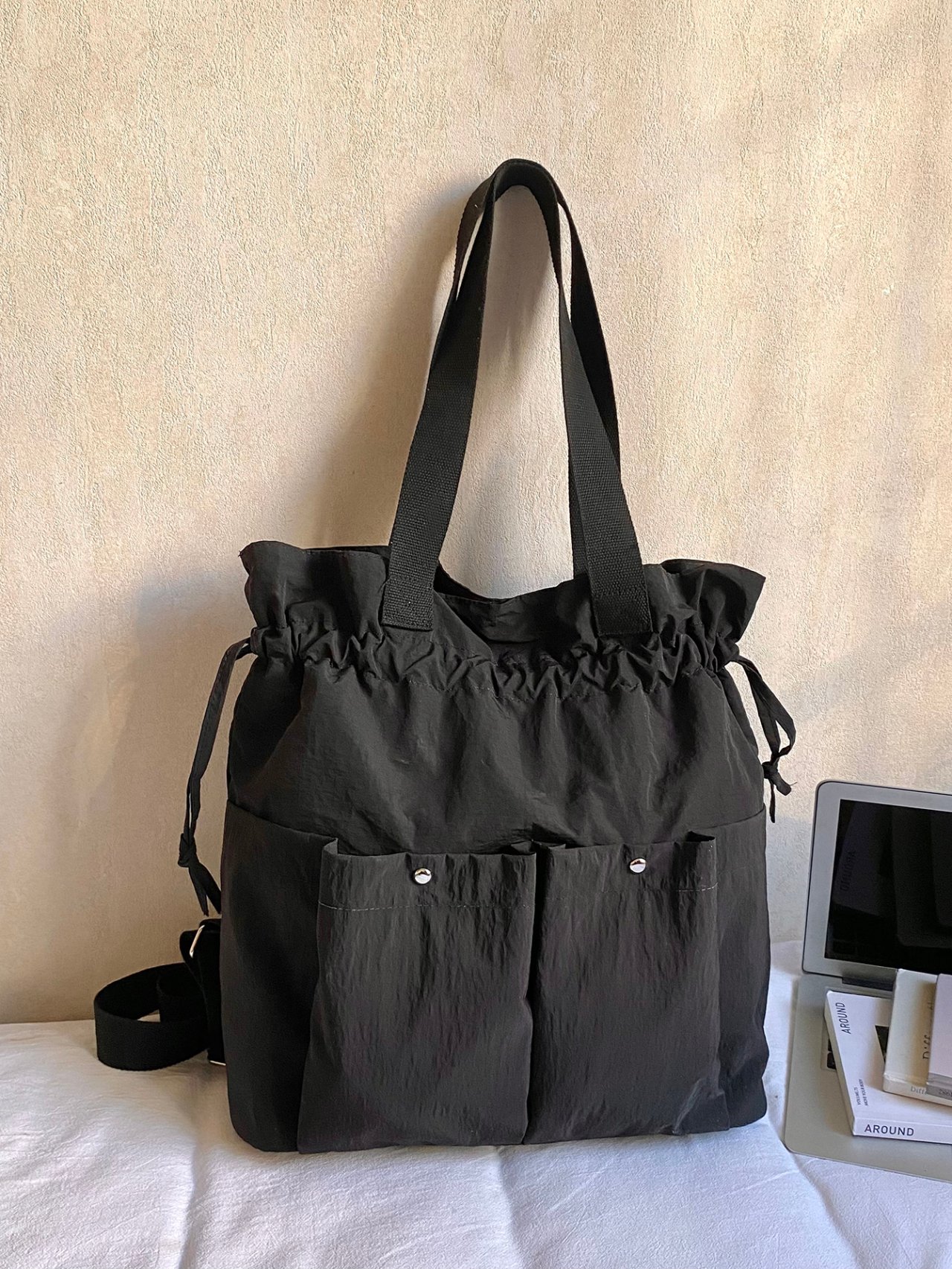 Black Solid Backpack with Drawstring