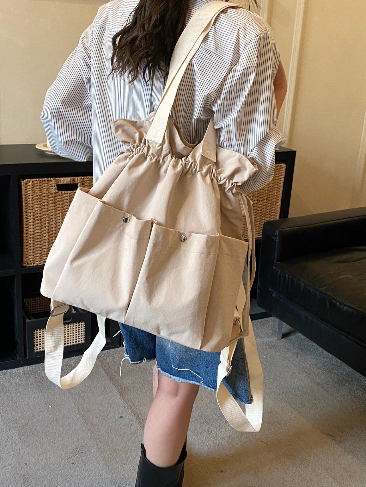 Khaki Solid Backpack with Drawstring