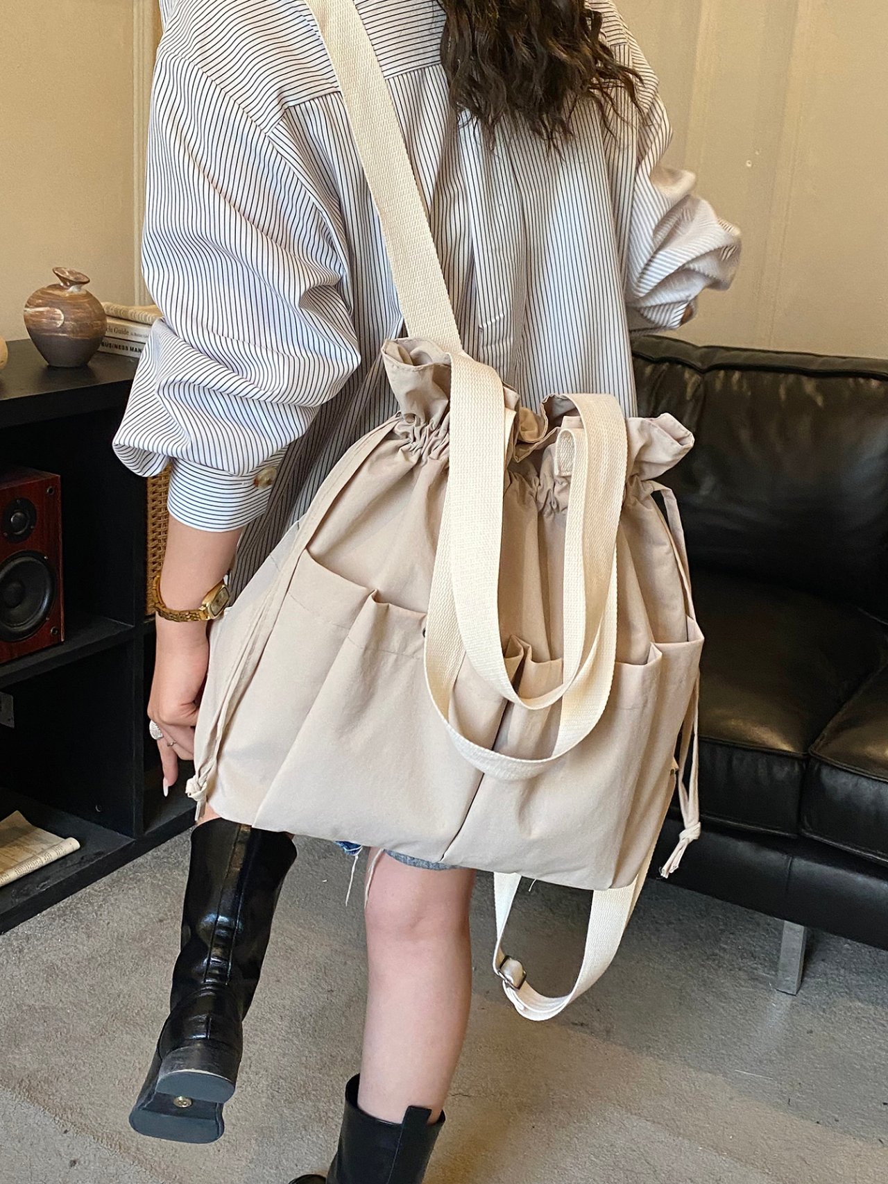 Khaki Solid Backpack with Drawstring