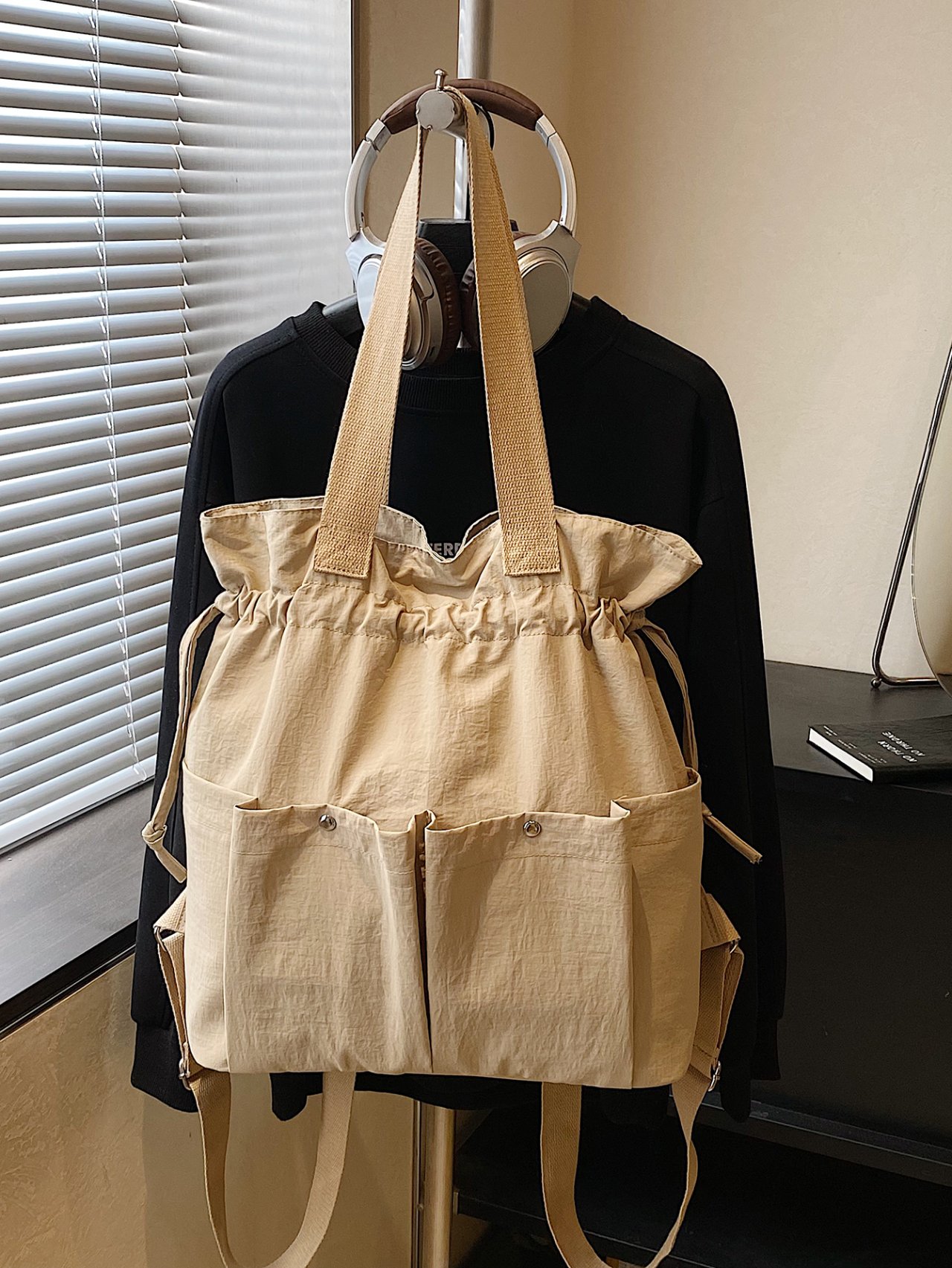 Khaki Solid Backpack with Drawstring