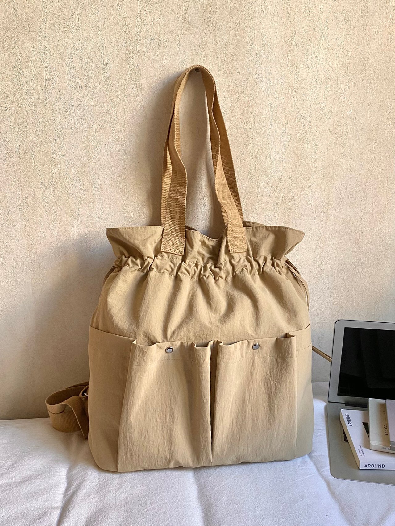 Khaki Solid Backpack with Drawstring