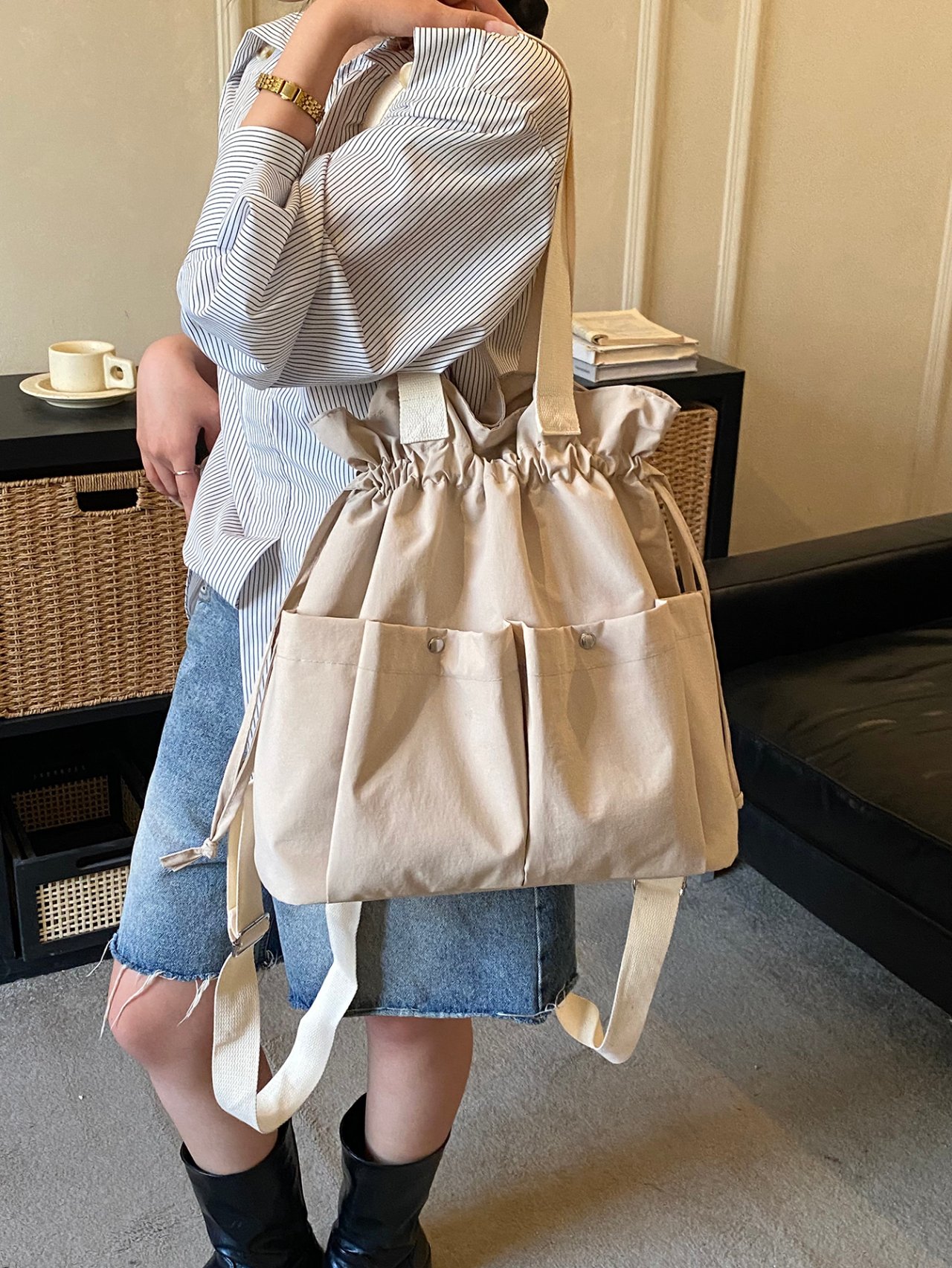 Khaki Solid Backpack with Drawstring