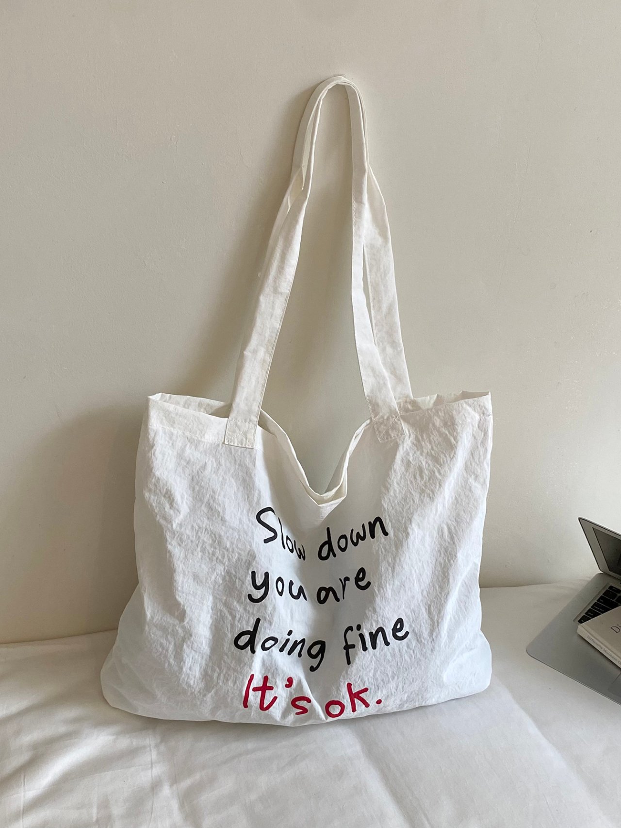 White Slogan Shoulder Bag 