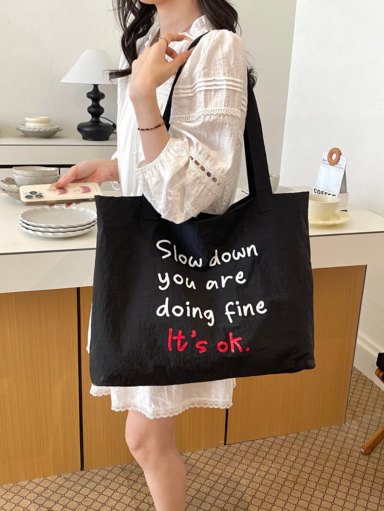 Black Slogan Shoulder Bag 