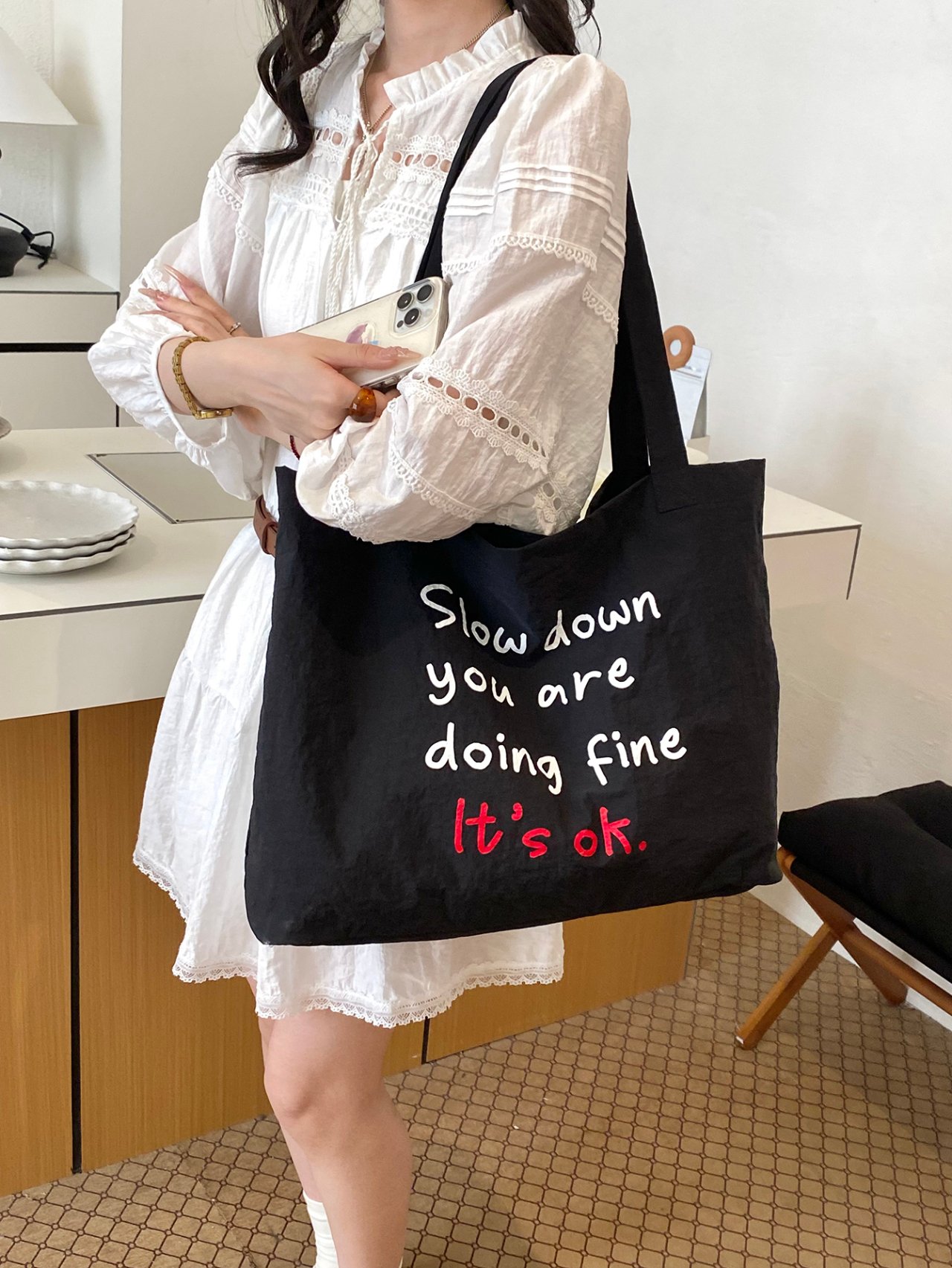 Black Slogan Shoulder Bag 