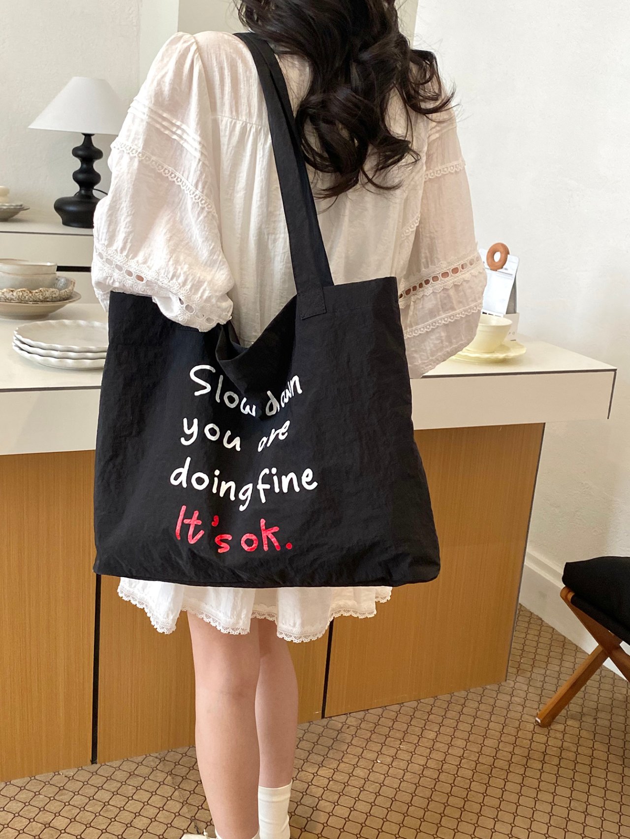 Black Slogan Shoulder Bag 