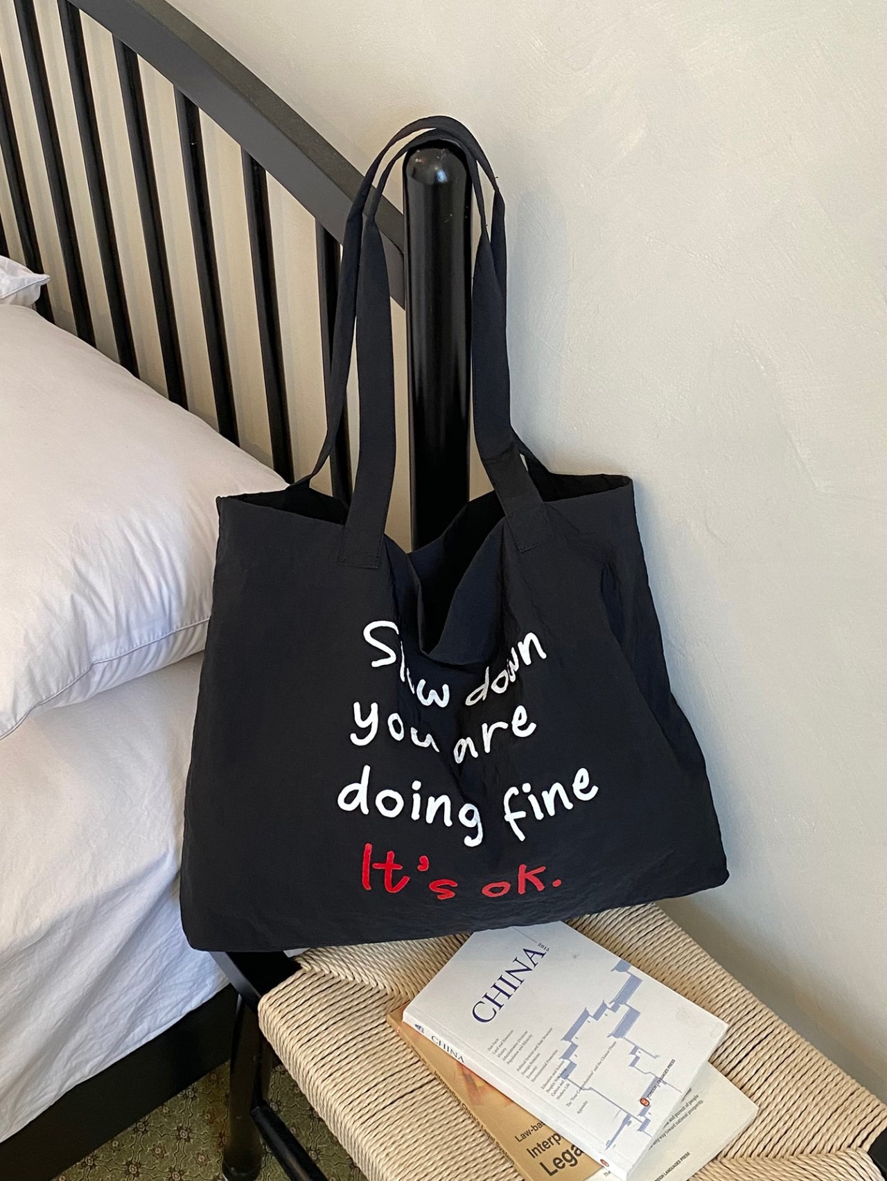 Black Slogan Shoulder Bag 