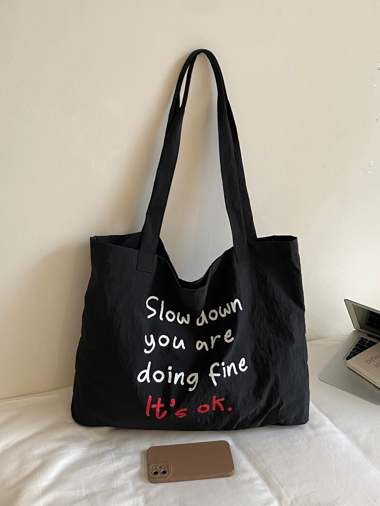 Black Slogan Shoulder Bag 