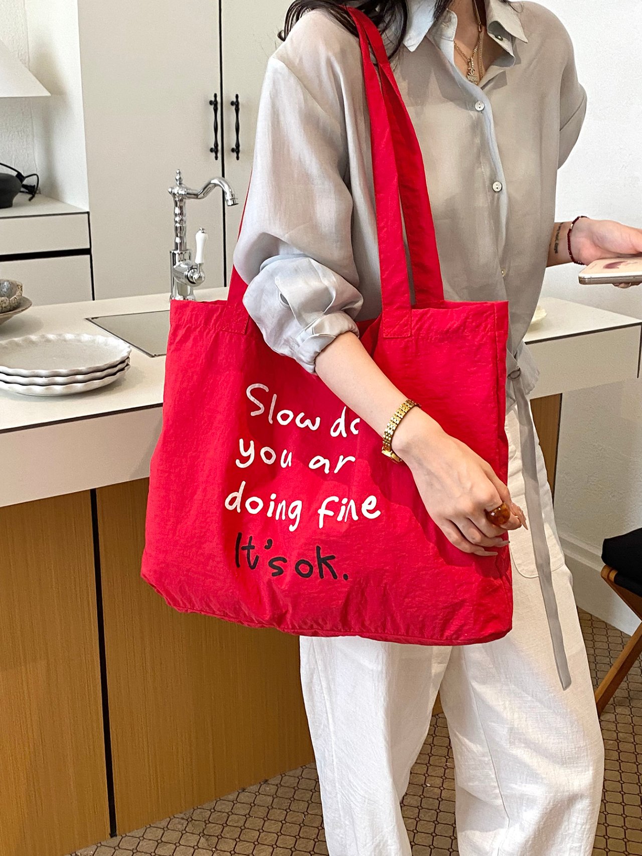 Red Slogan Shoulder Bag 