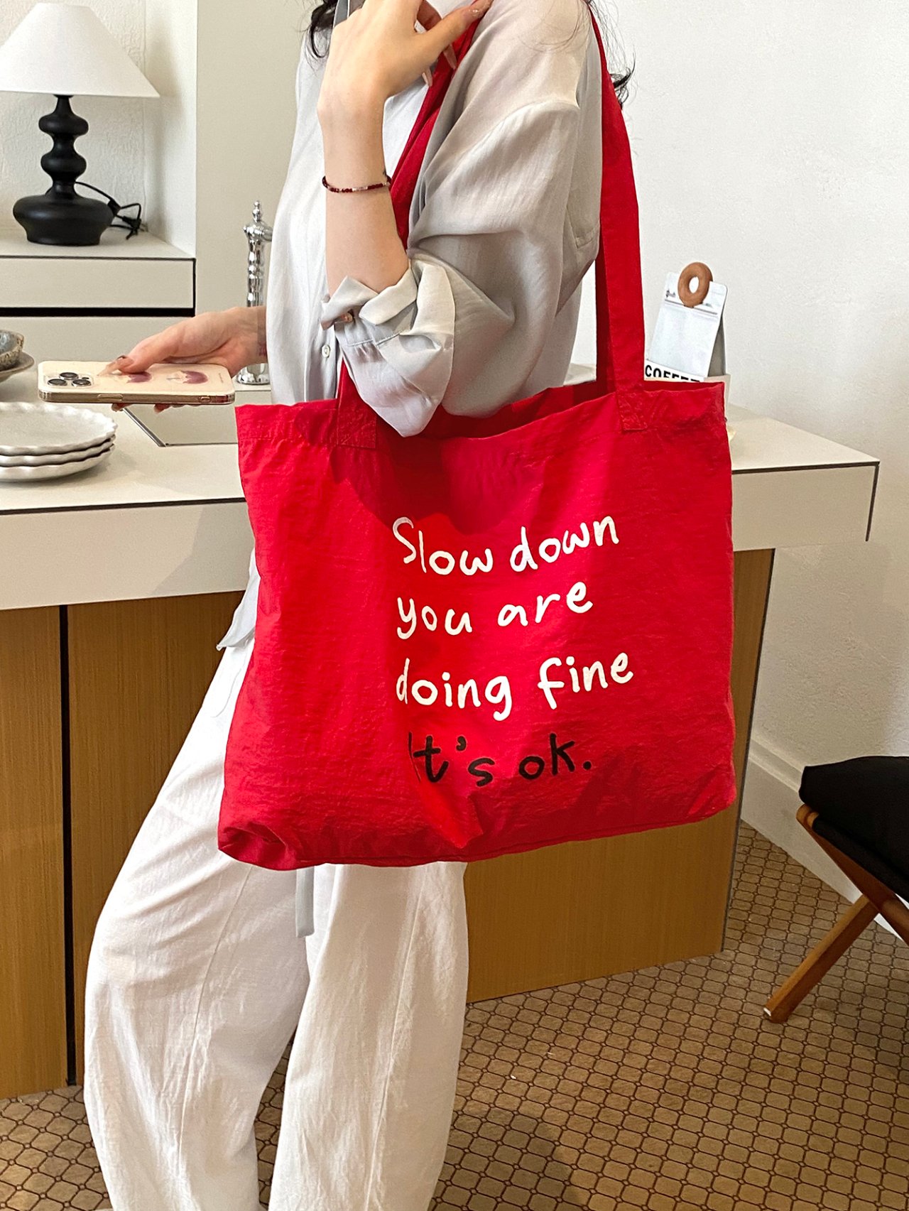 Red Slogan Shoulder Bag 
