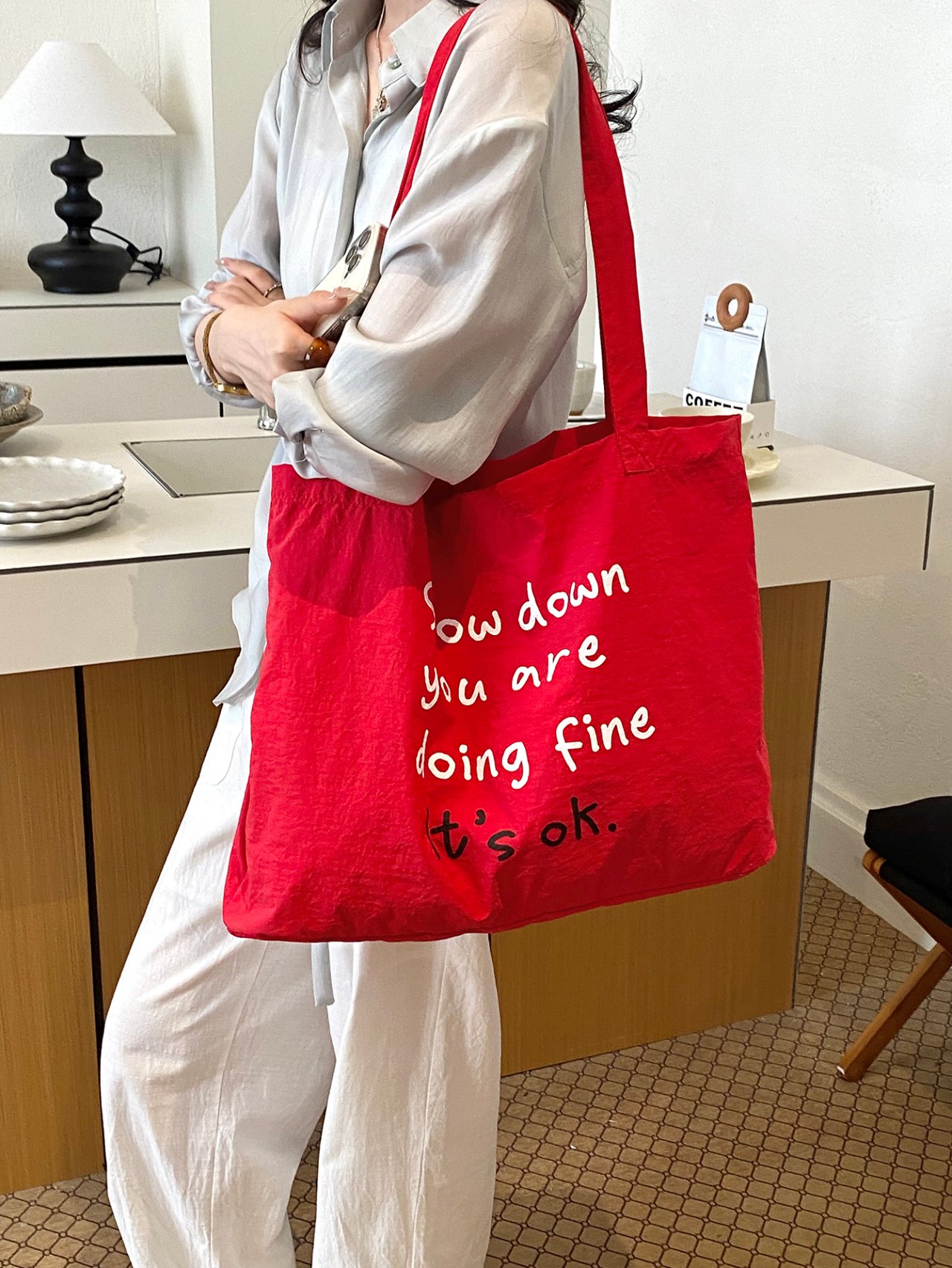 Red Slogan Shoulder Bag 